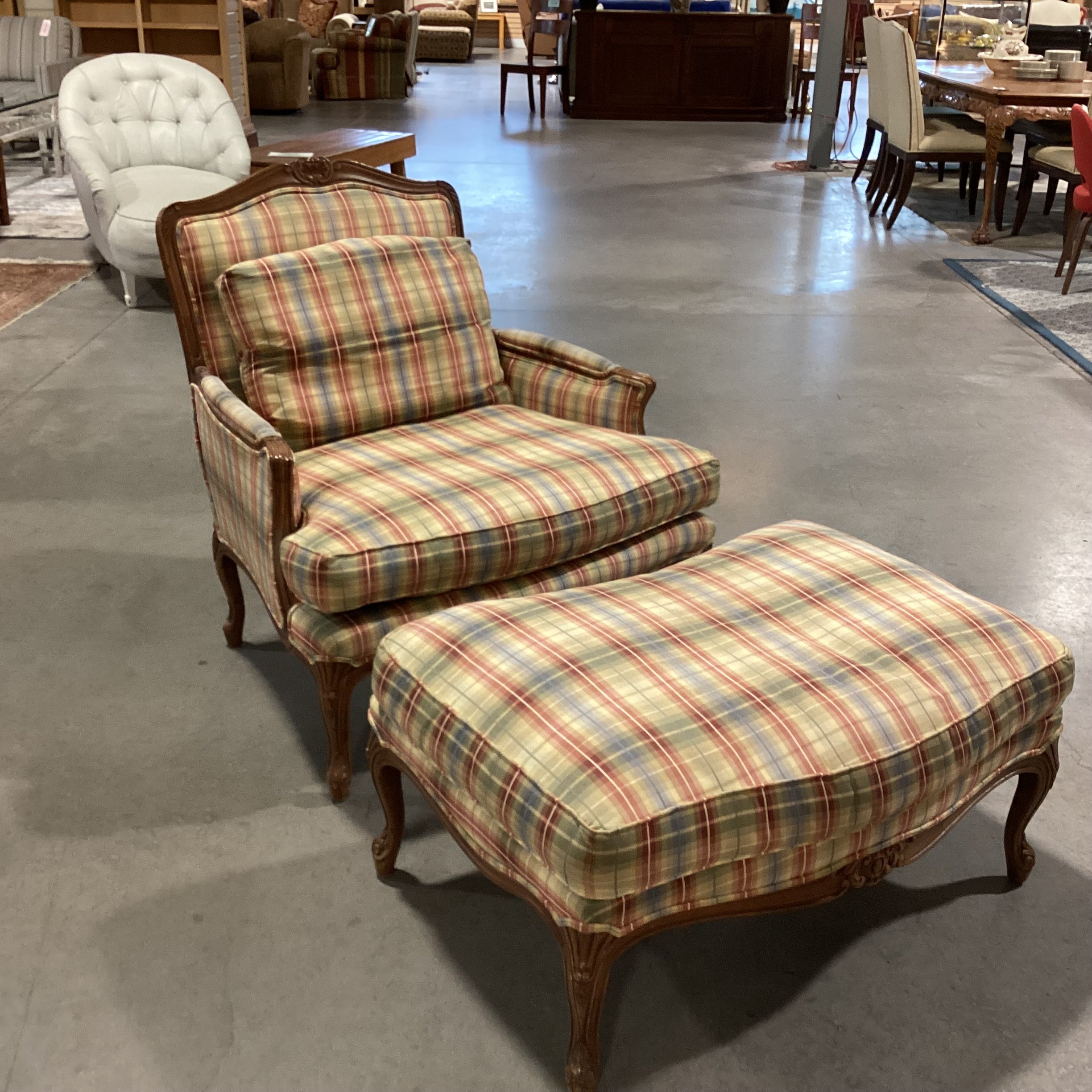 French Provincial Style Carved Wood & Plaid Down with Ottoman Chair 37"x 34"x 38"