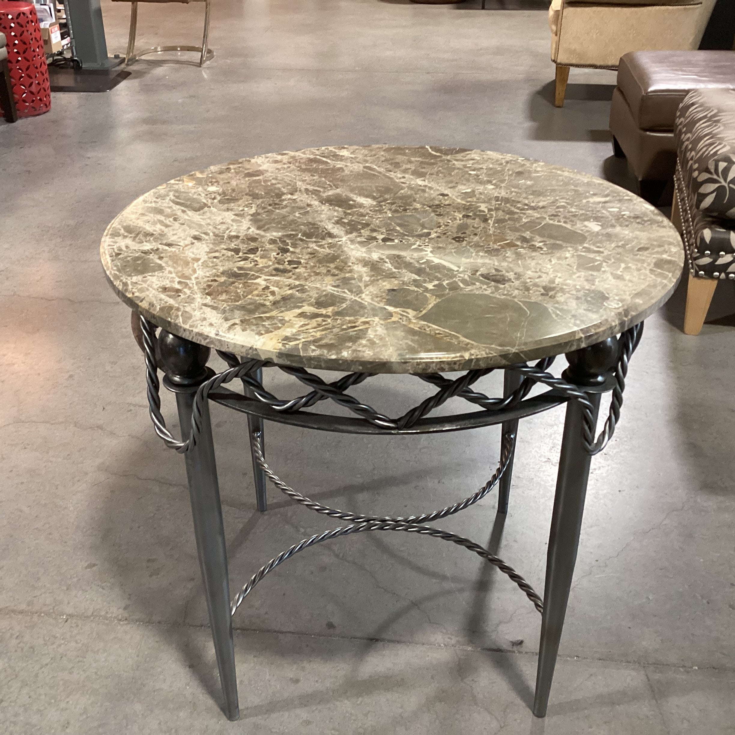 Yale R Burge Antiques Vintage Reproduction Steel Rope Design & Round Marble Top Accent Table 30" Diameter x 27"