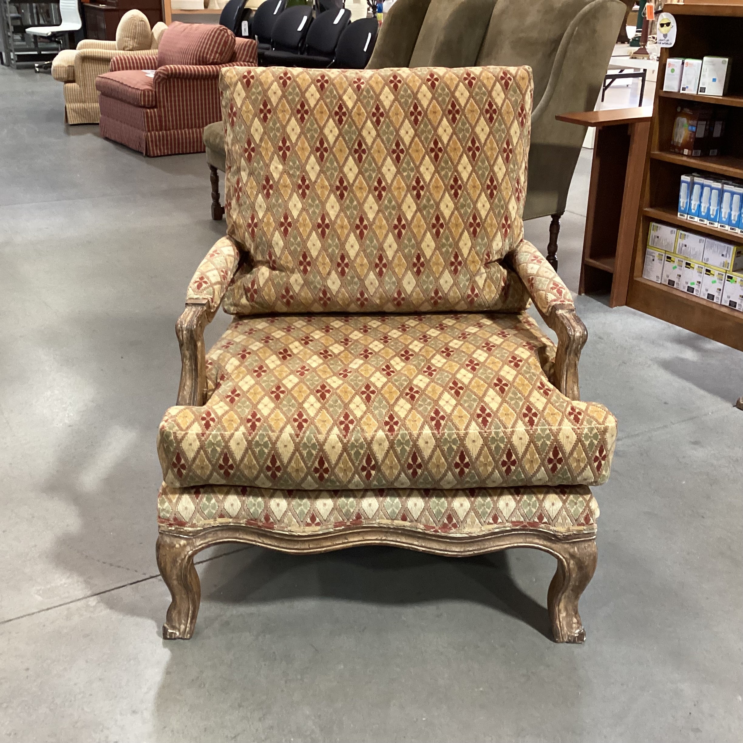Kreiss Collection Gold Rust Sage Raised Chenille Diamond Pattern & Antiqued Finish Carved Wood Chair 34"x 36"x 40"
