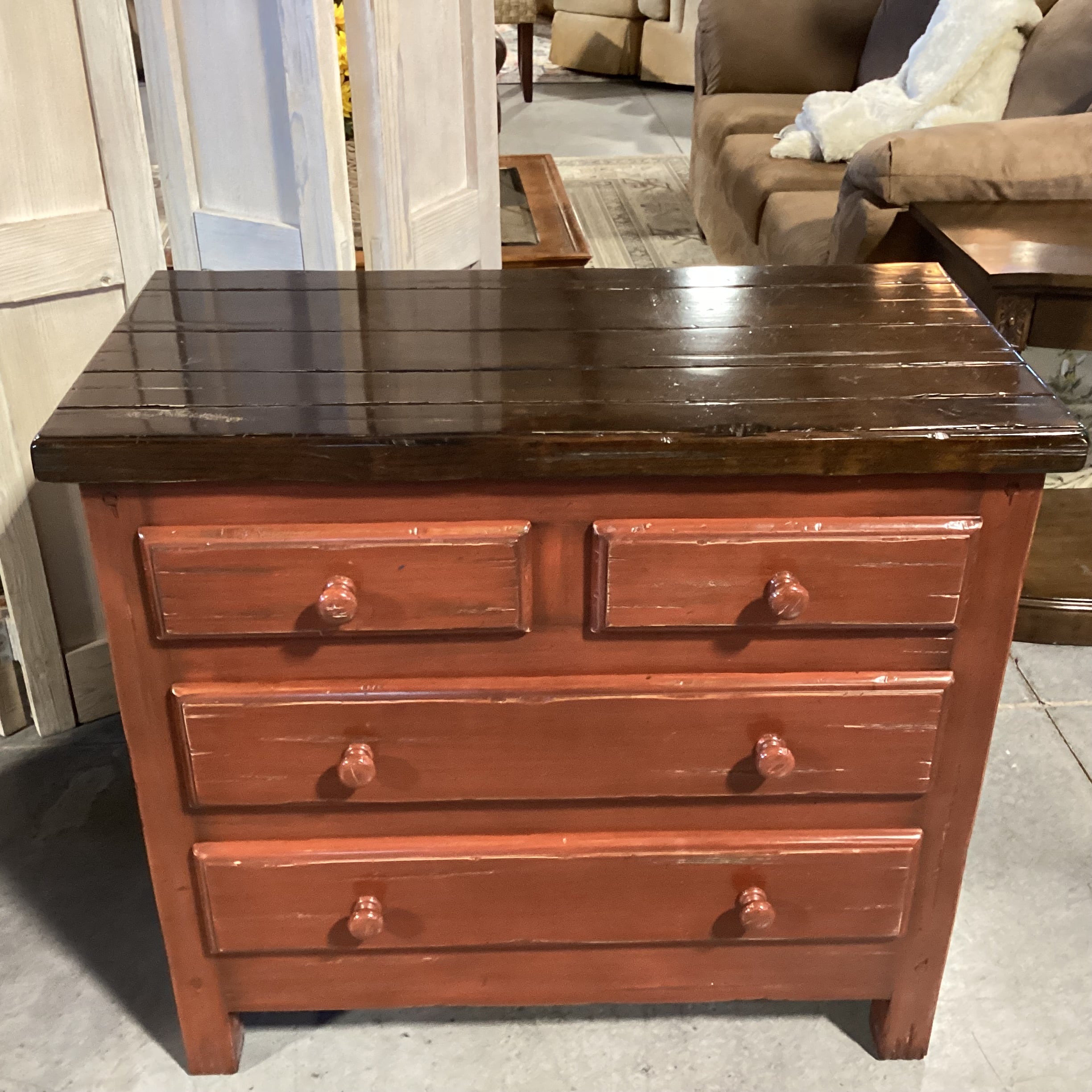 Red & Brown Distressed Finish Solid Wood 4 Drawer Chest 36"x 18"x 32.5"