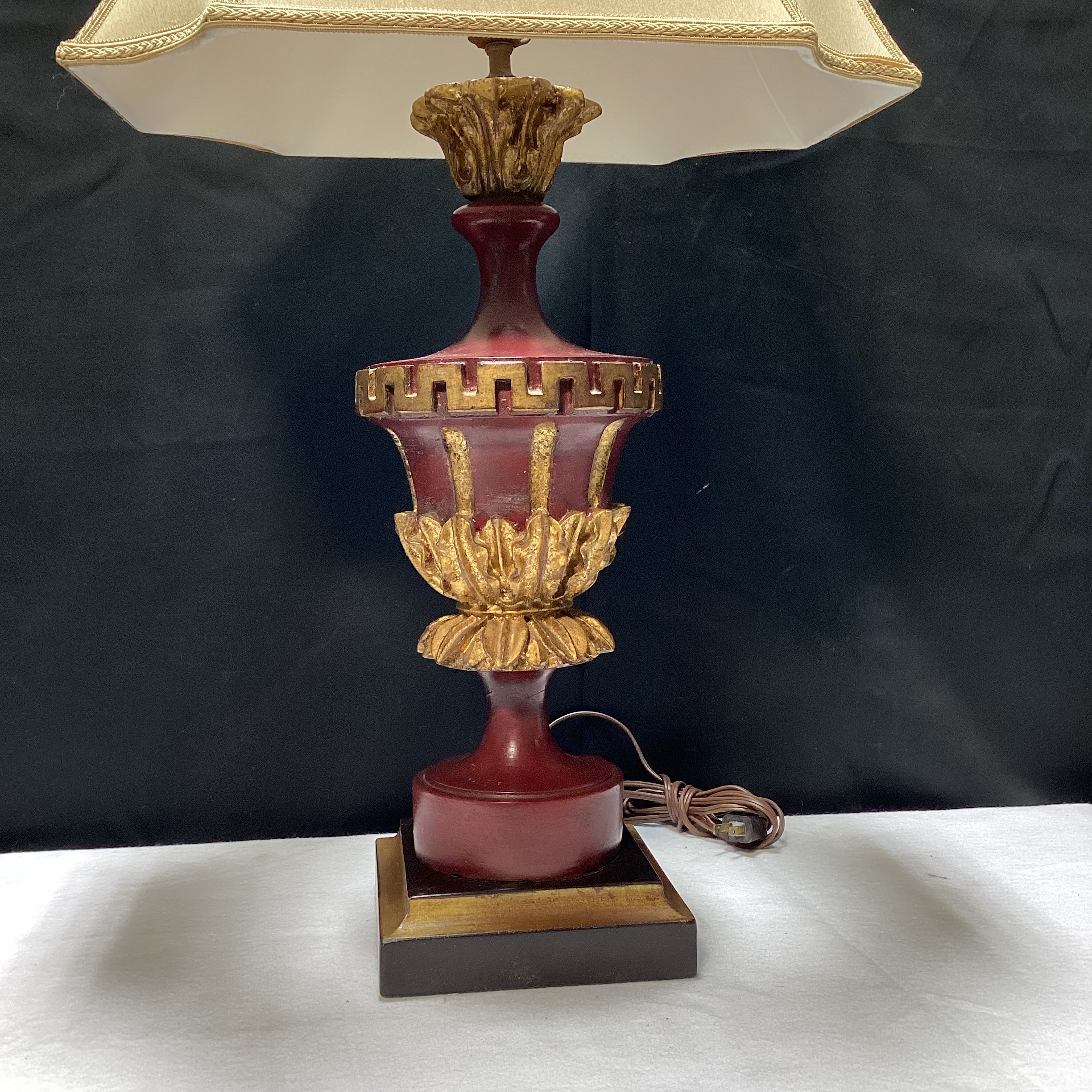 Red Neoclassical Style Table Lamp With Gold Accents And Shade 18" x 33" x 7"