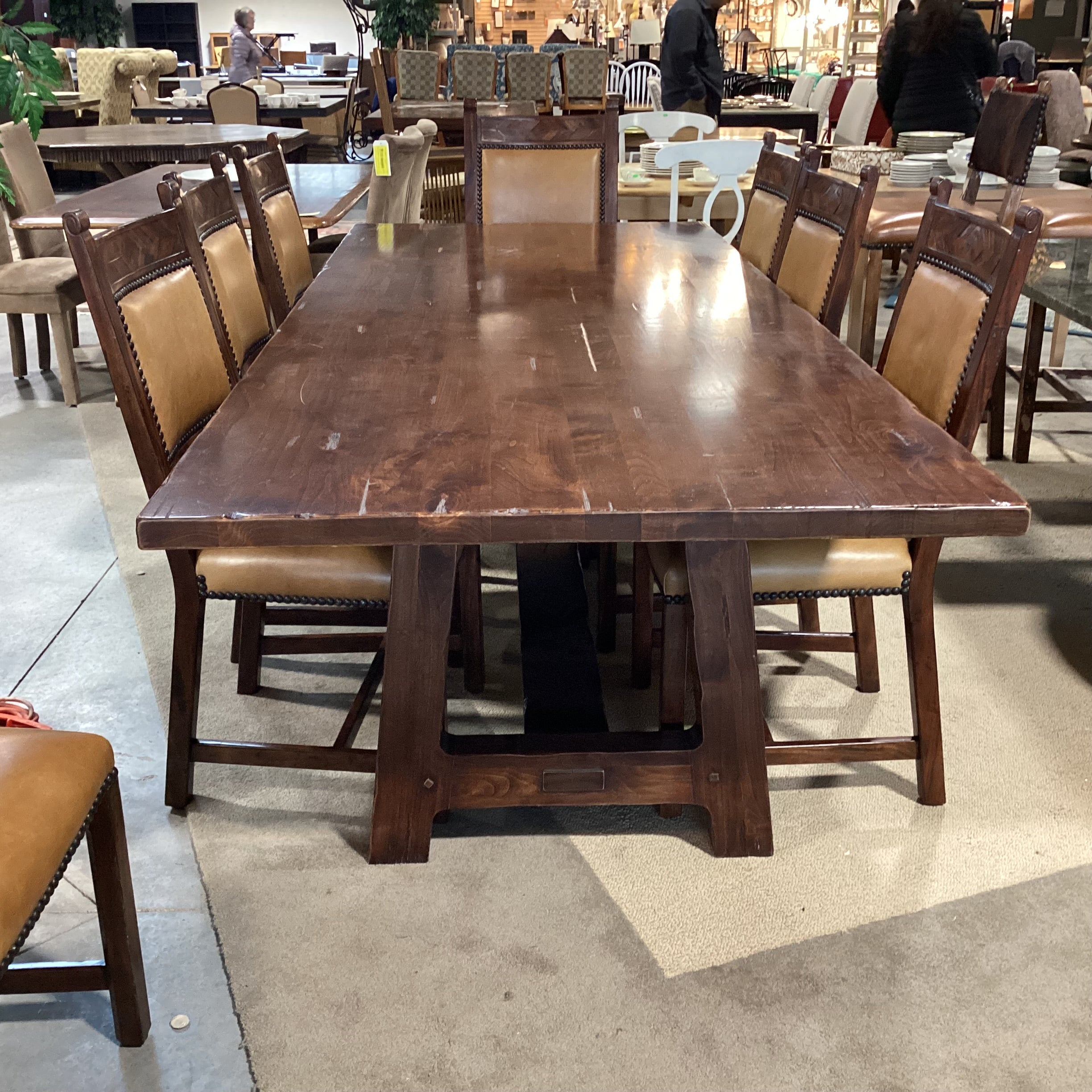 Theodore Alexander Rustic Distressed Trestle Table & 10 Leather Nailhead Carved Wood Chairs Dining Set 108"x 44"x 31"