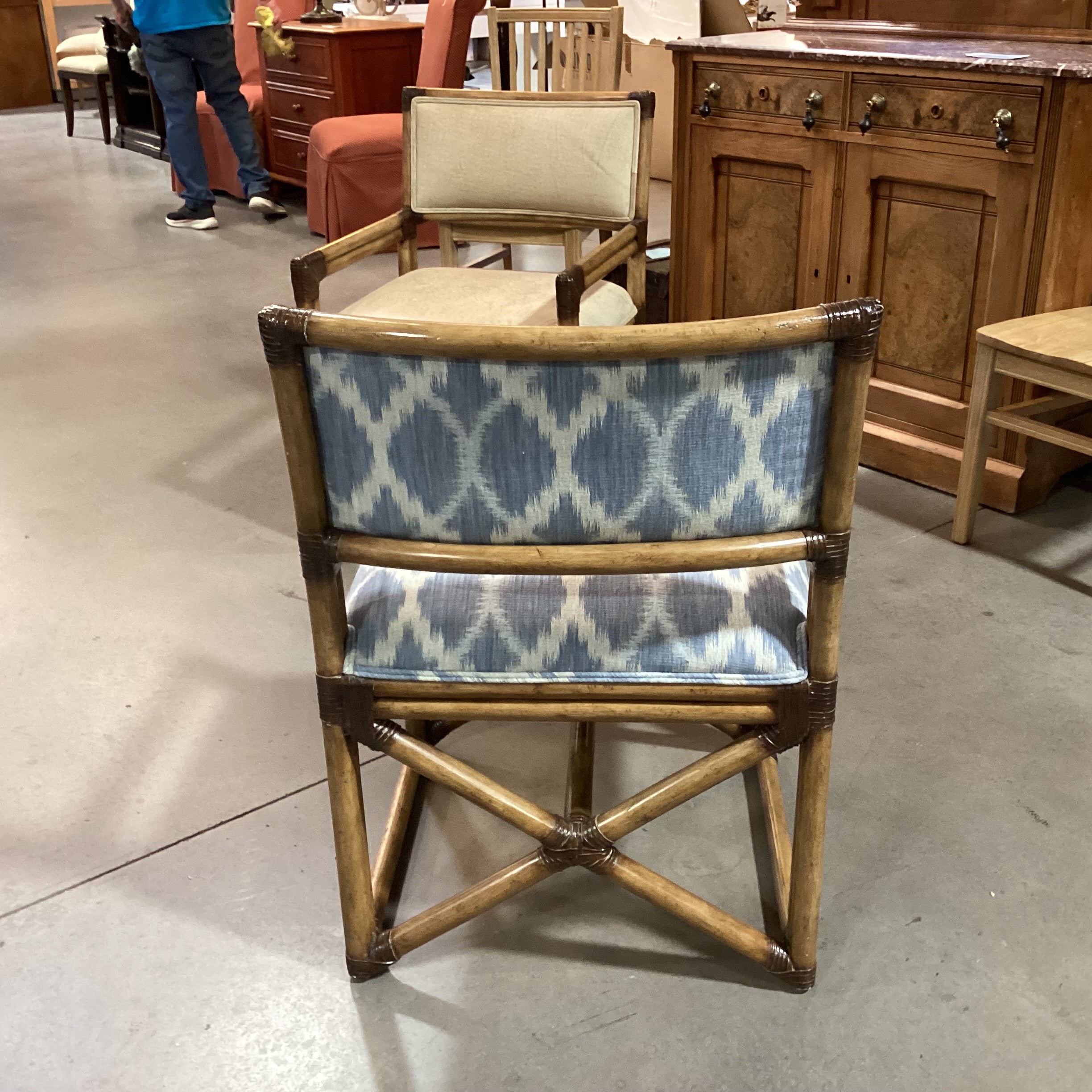 Vintage Bamboo Leather Strap Wrapped & Blue White Design Accent Chair 24"x 24"x 35"