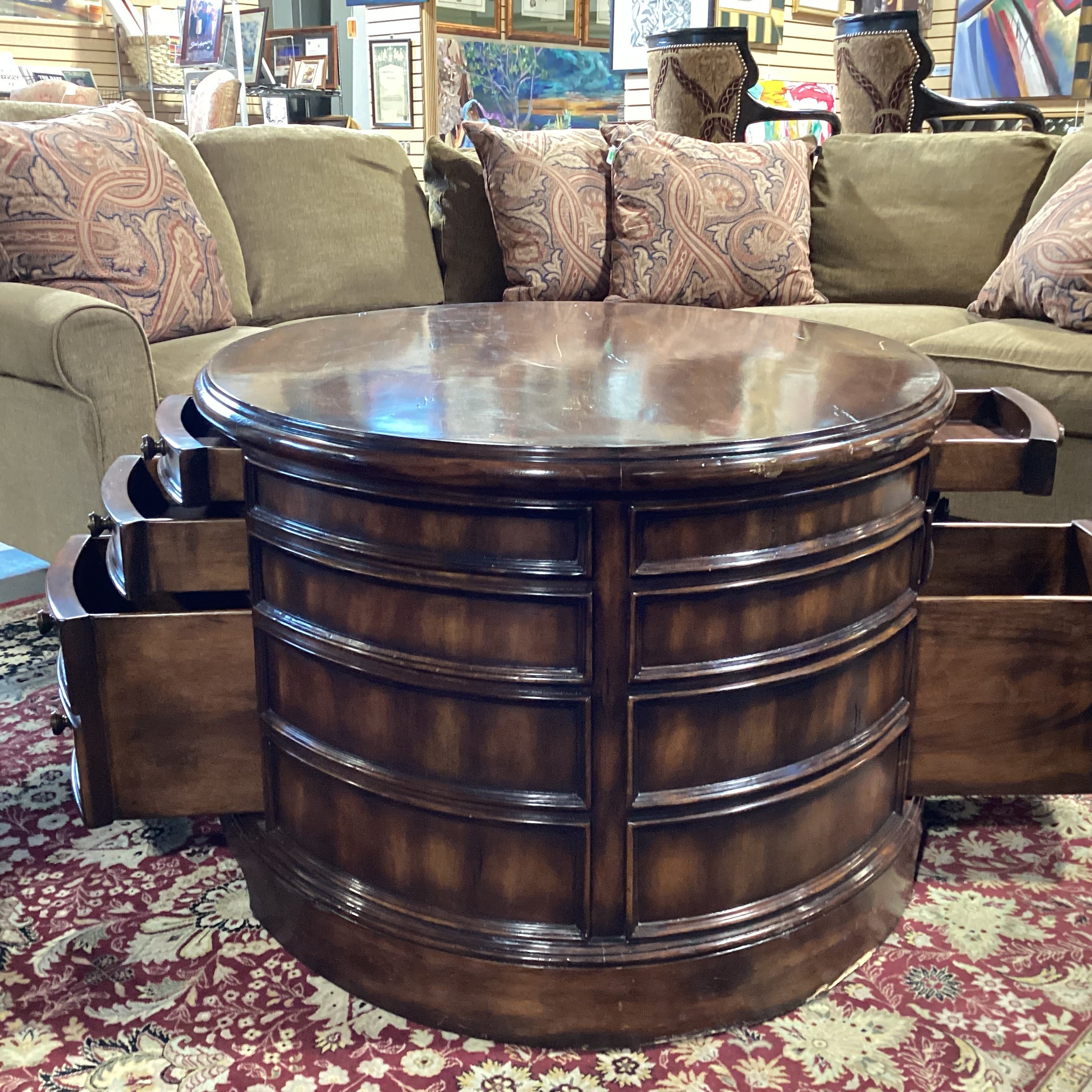 Theodore Alexander Style Oval Dark Finish 10 Drawer Coffee Table 48"x 36"x 23"