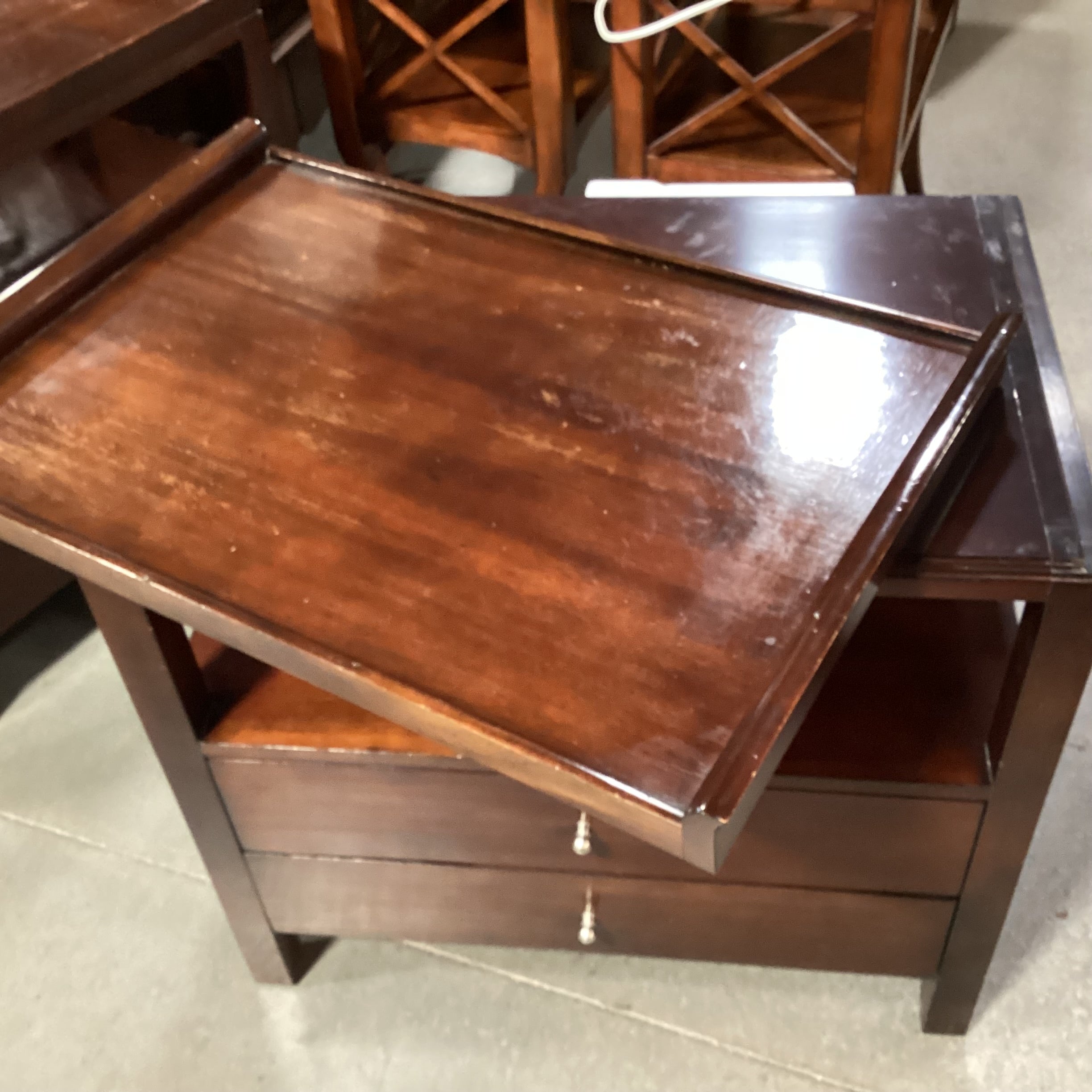 Milling Road a Division of Baker Furniture Dark Finish Wood Tray Top 2 Drawer with Power Strip Nightstand 31"x 20"x 30"