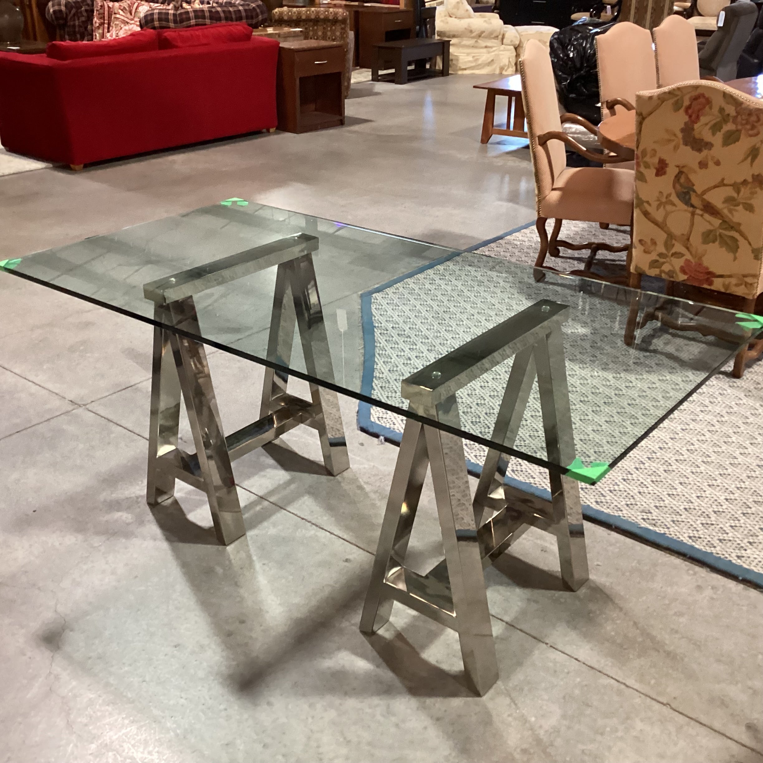 Chrome Sawhorse & Thick Glass Desk Dining Table 72"x 36"x 30.5"