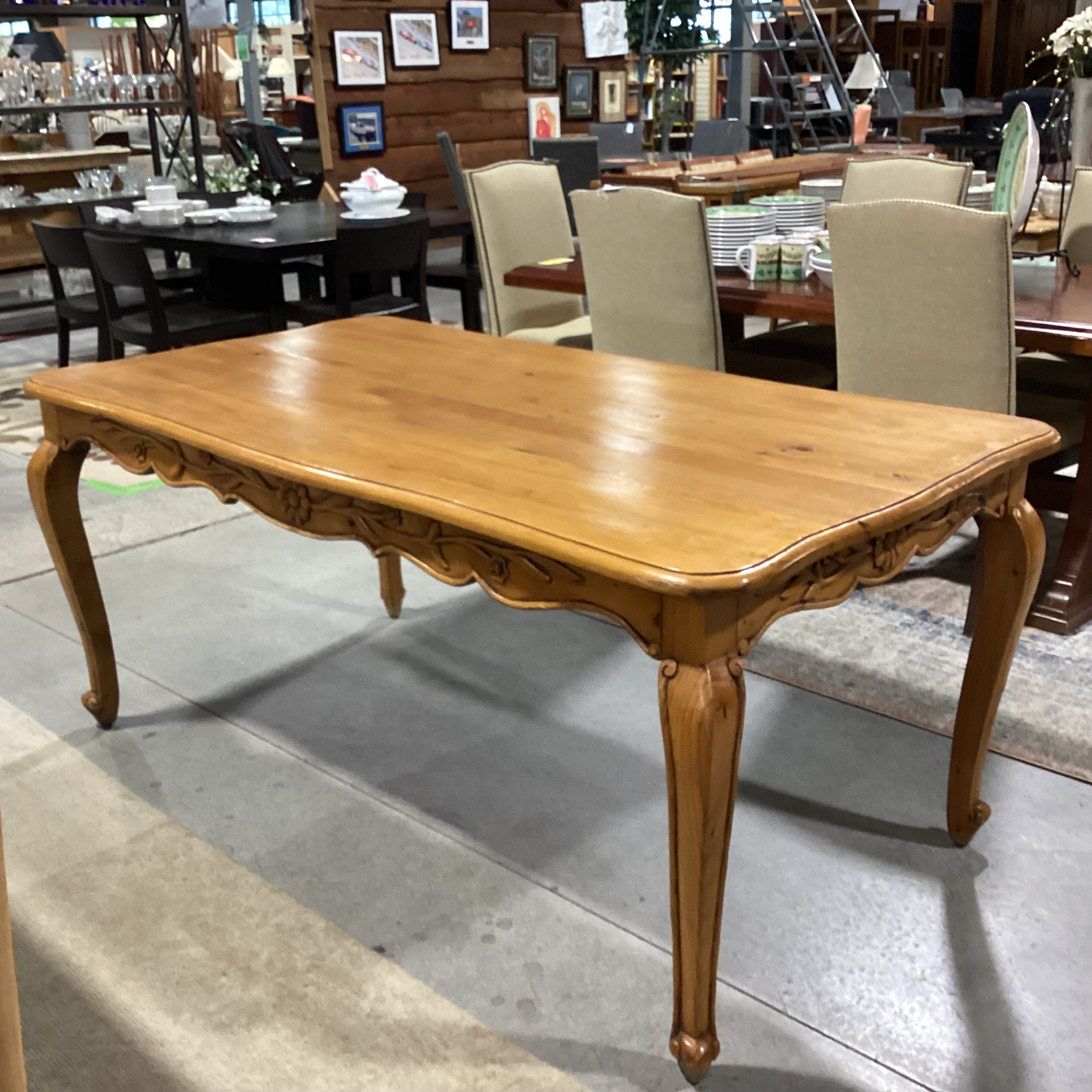 French Country with Carved Detail Finished Pine Dining Table 72"x 38.5"x 32"