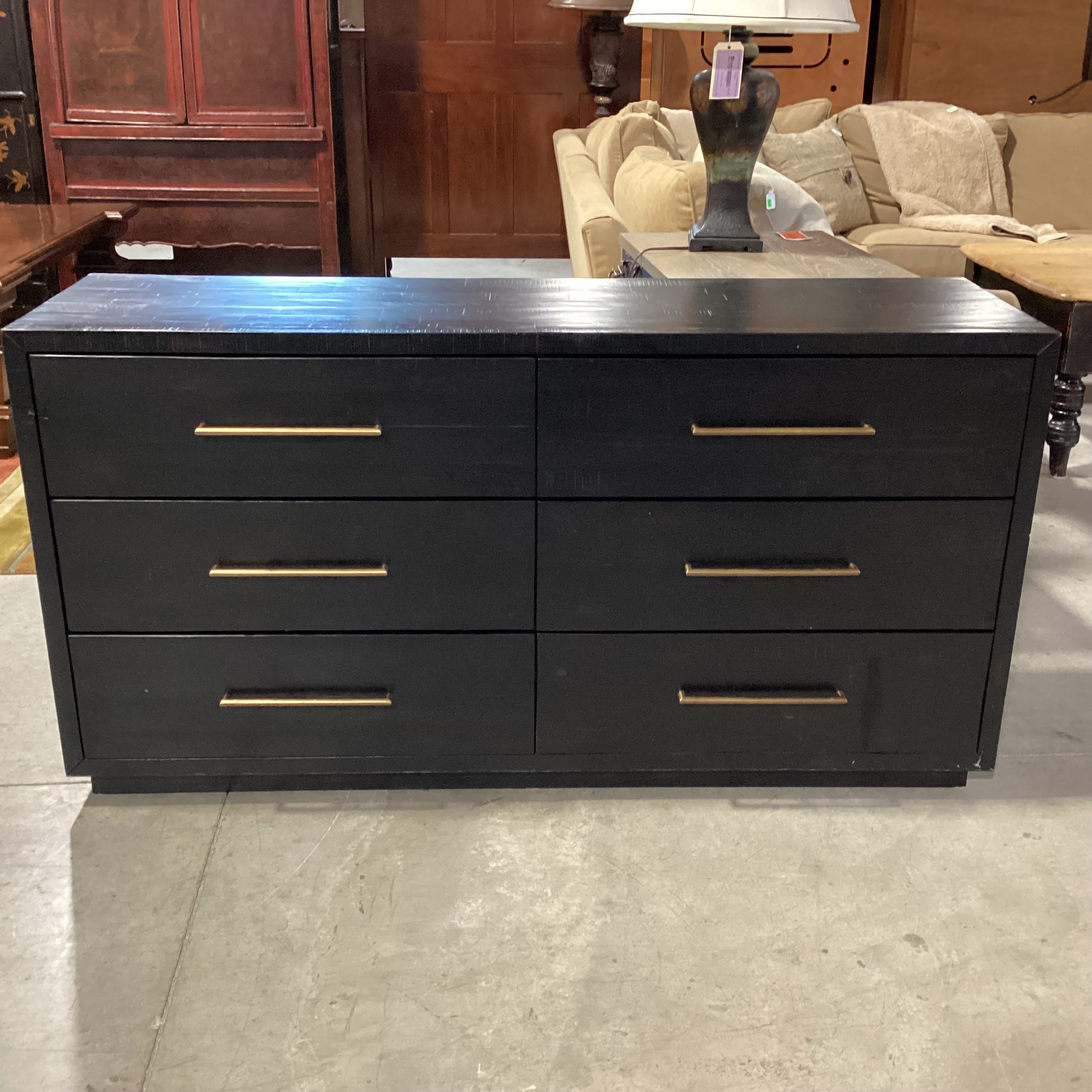 Four Hands Burnished Black Acacia Wood Antiqued Brass Rod Pulls 6 Drawer Suki Dresser 60"x 18"x 31.5"