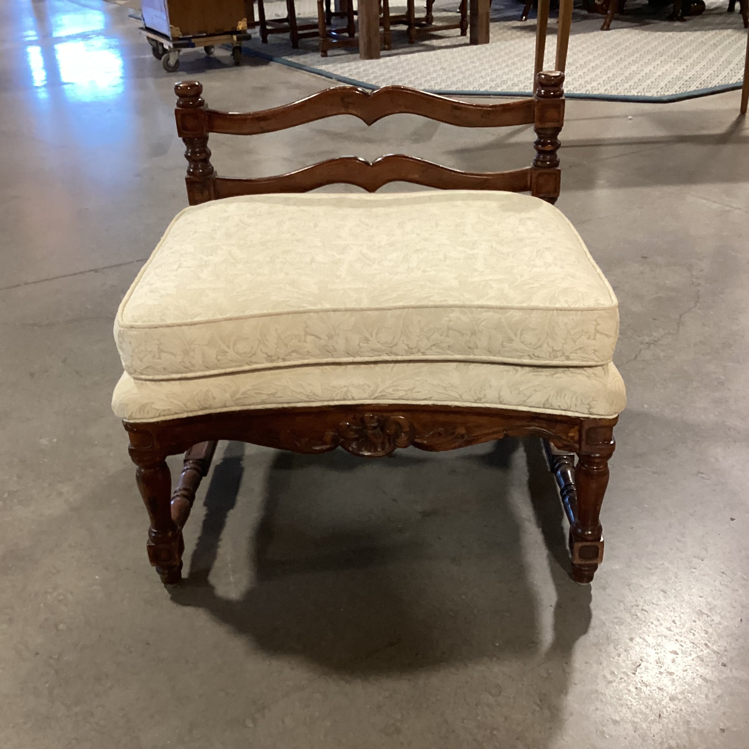 Carved Wood & Cream Cushion Bench Ottoman 25.5"x 23"x 24.5"