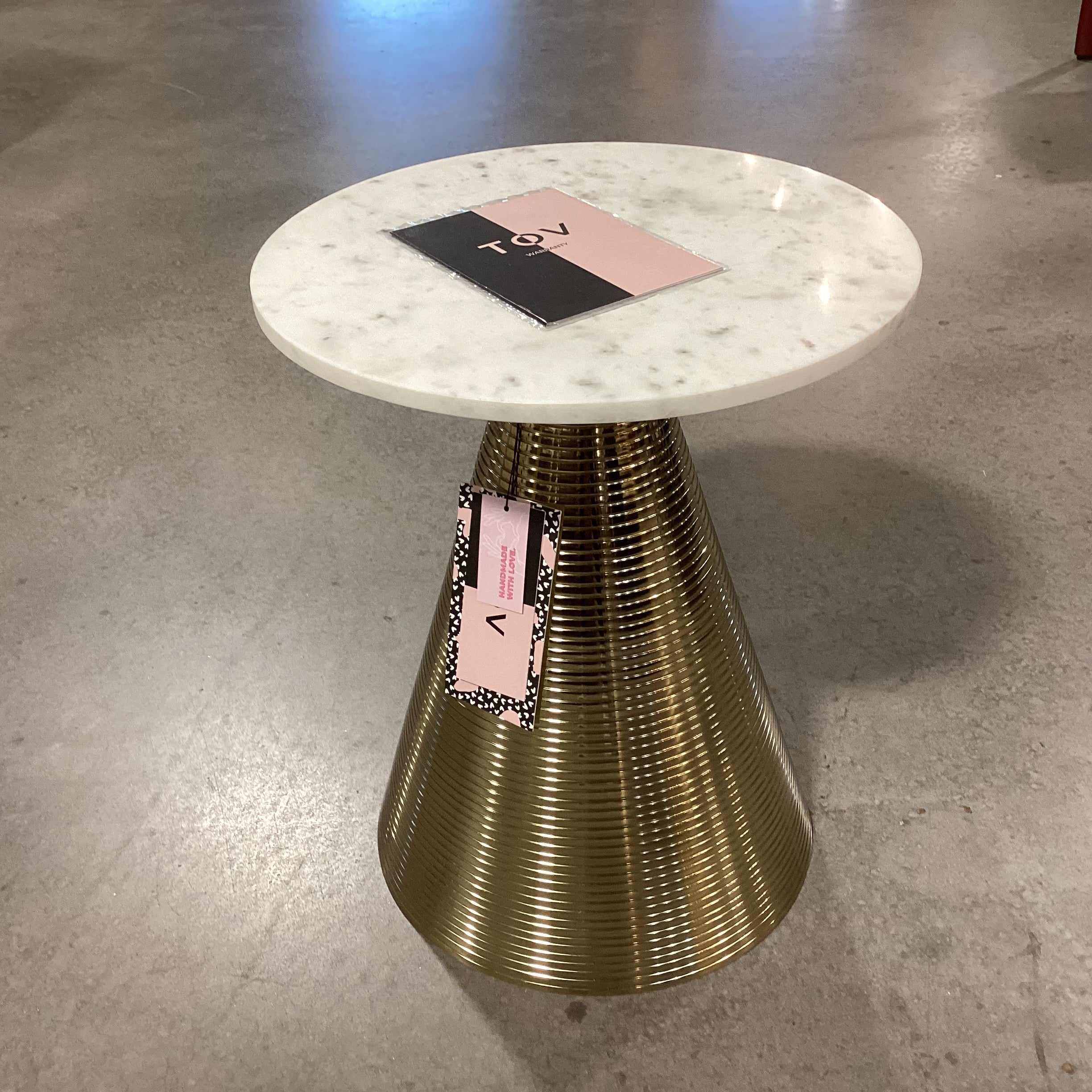 TOV Furniture Tempo Gold Metal Conical Base & Round Marble Accent Table