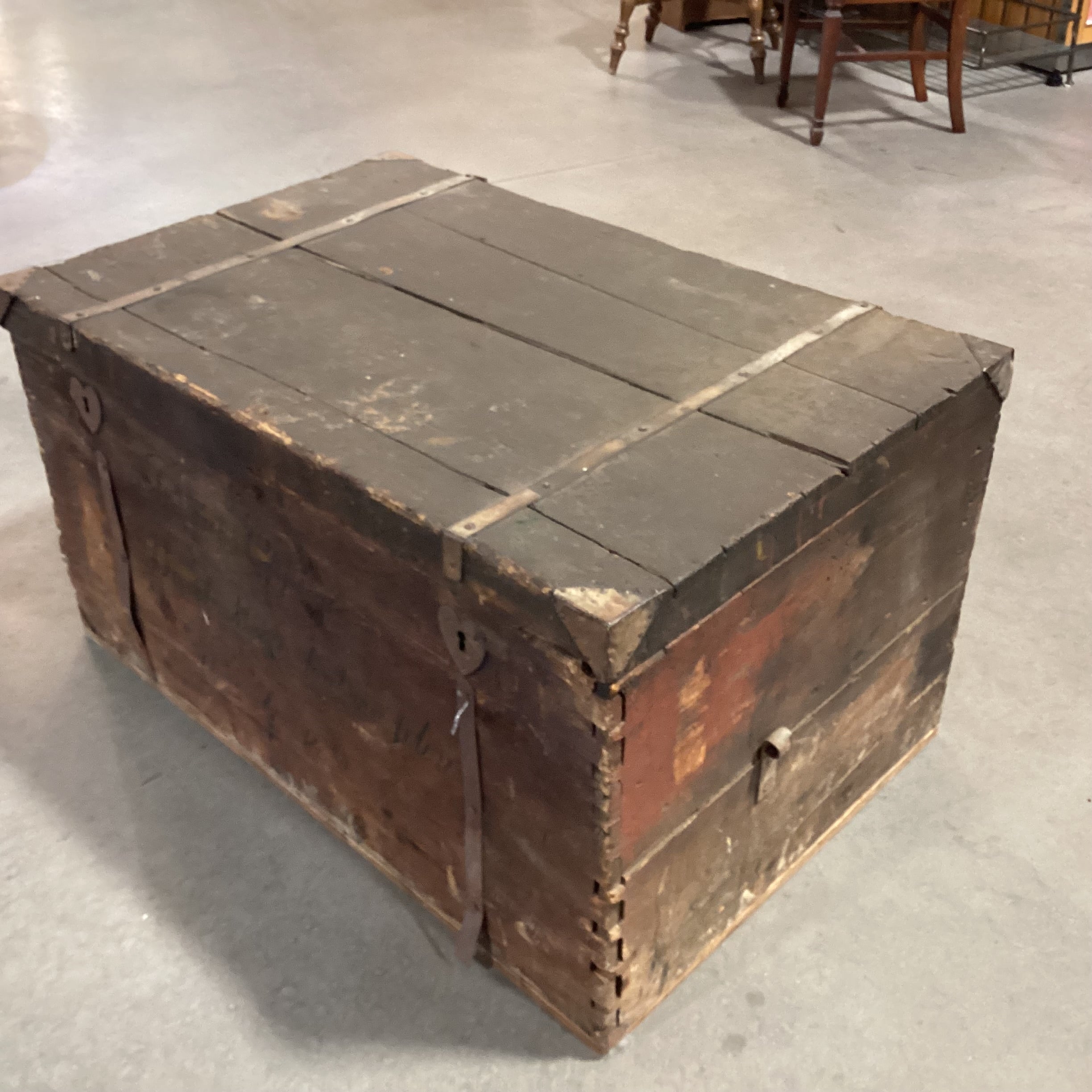 Antique Wood With Iron Bands & Heart Keyhole Trunk 42"x 28"x 23"