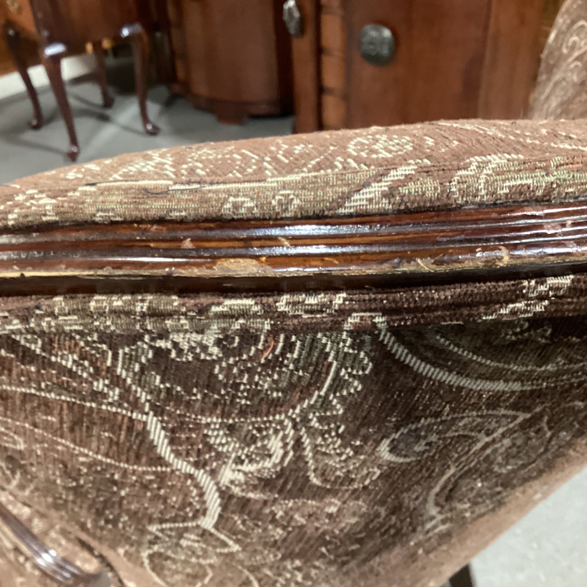 Vintage Brown Tones Paisley & Carved Wood Wing Chair 26"x 36"x 43"