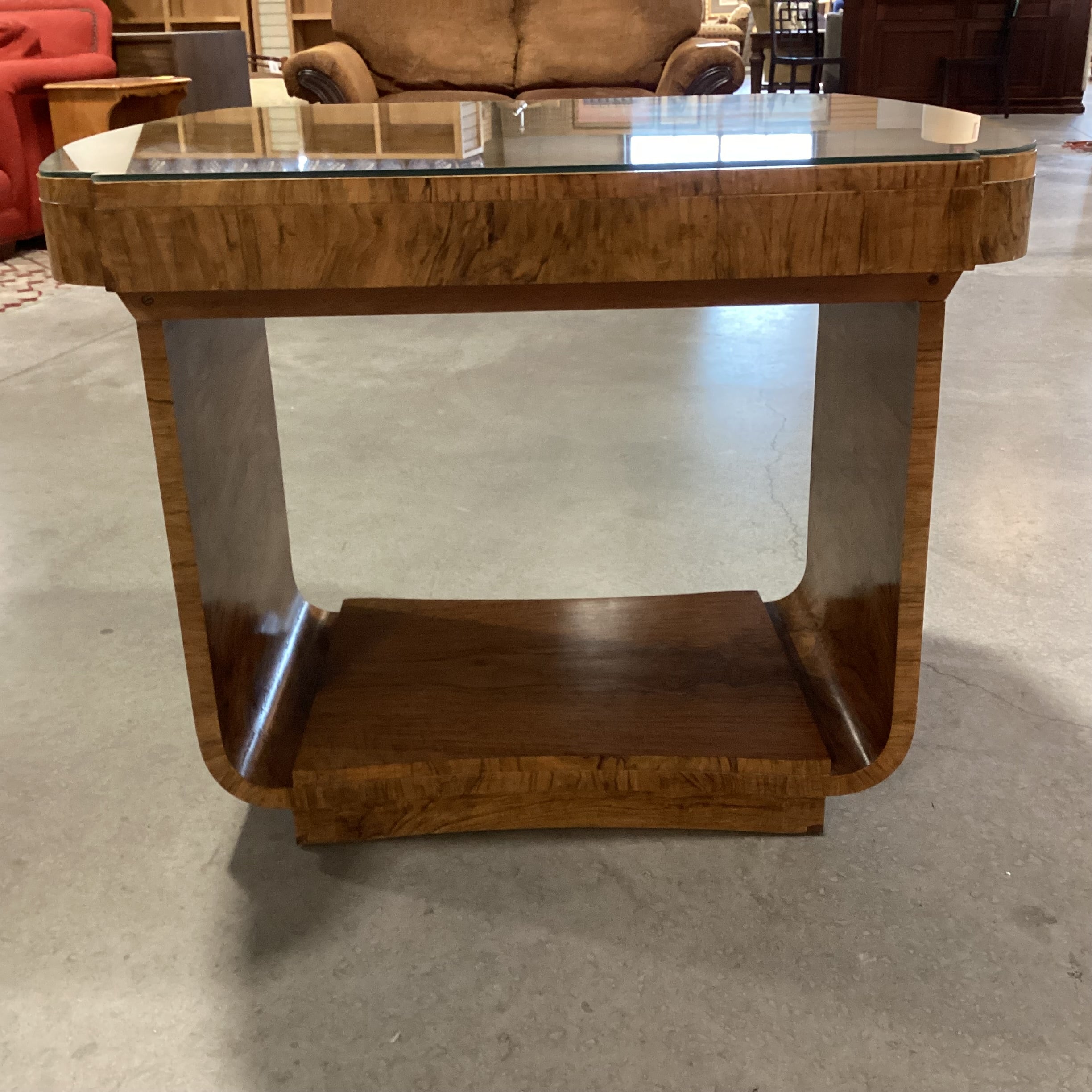 Vintage Art Deco Style Burl Maple Book Matched with Glass Top Accent Table 36"x 33"x 29.5"