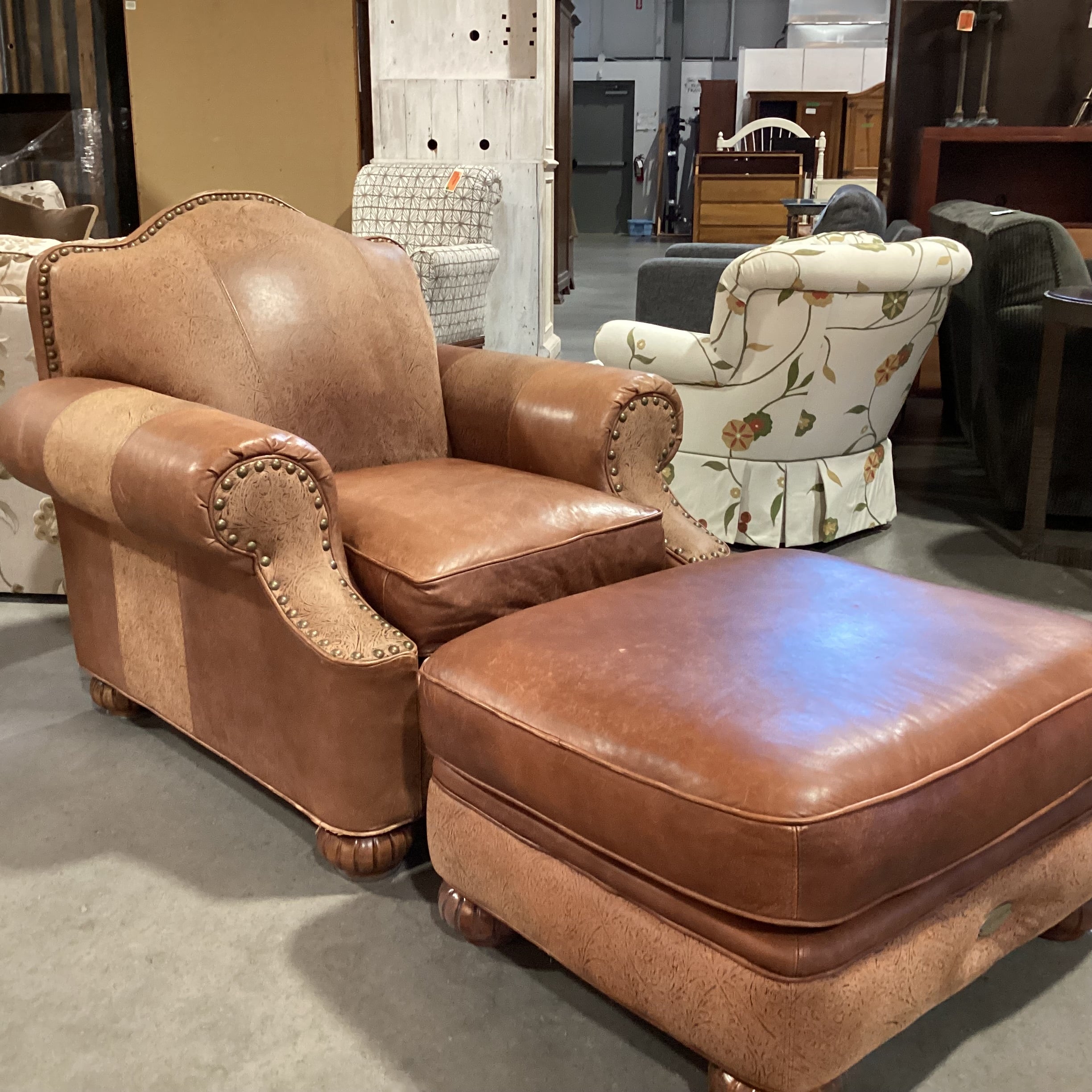 Bab Timberlake for Lexington Leather Nailhead Embossed Detail with Ottoman Chair 39"x 39"x 36"