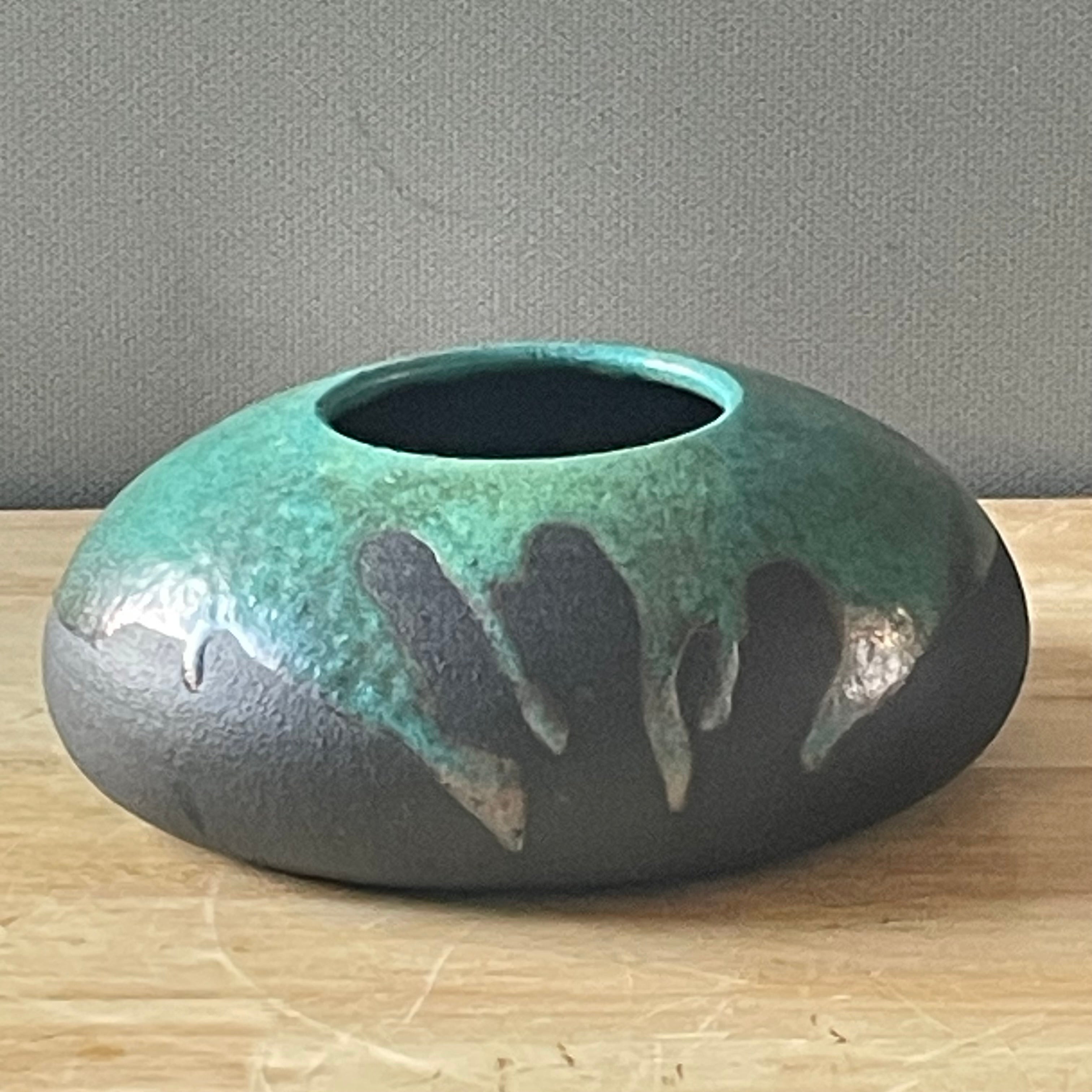 Robbrecht Troost Signed Raku Vibrant Turquoise Glaze, Matte Black Ceramic  Ikebana Vase, 9"x 3"