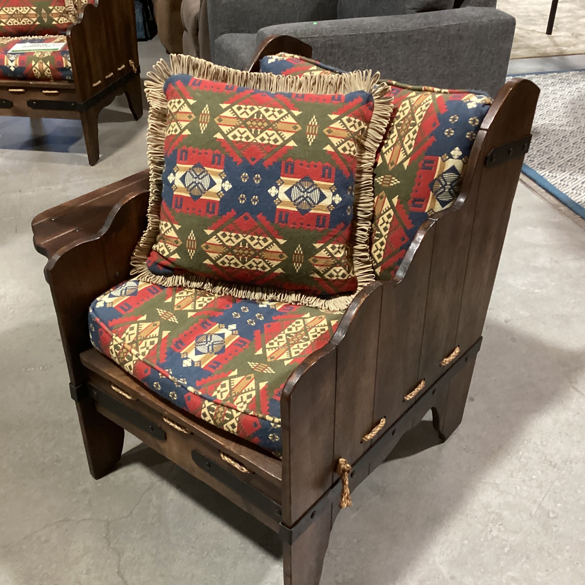 Art in Fine Forms Custom Dark Finish Plank Wood Iron & Rope Southwest Cushions with Side Table Chair 35"x 31"x 34"