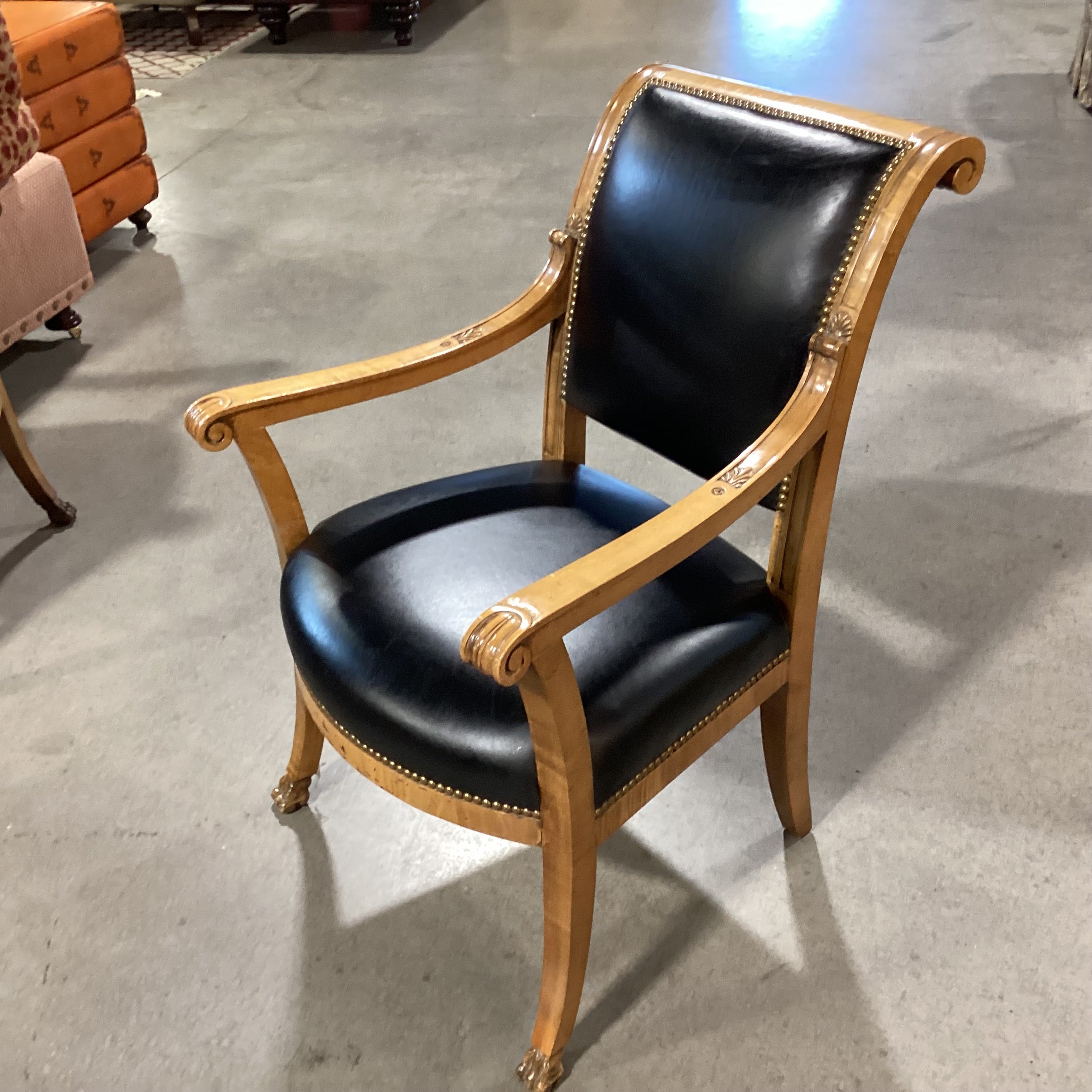 Brustlin Workshop Ornate Carved Wood Black Leather Nailhead Chair 25"x 28"x 35.5"