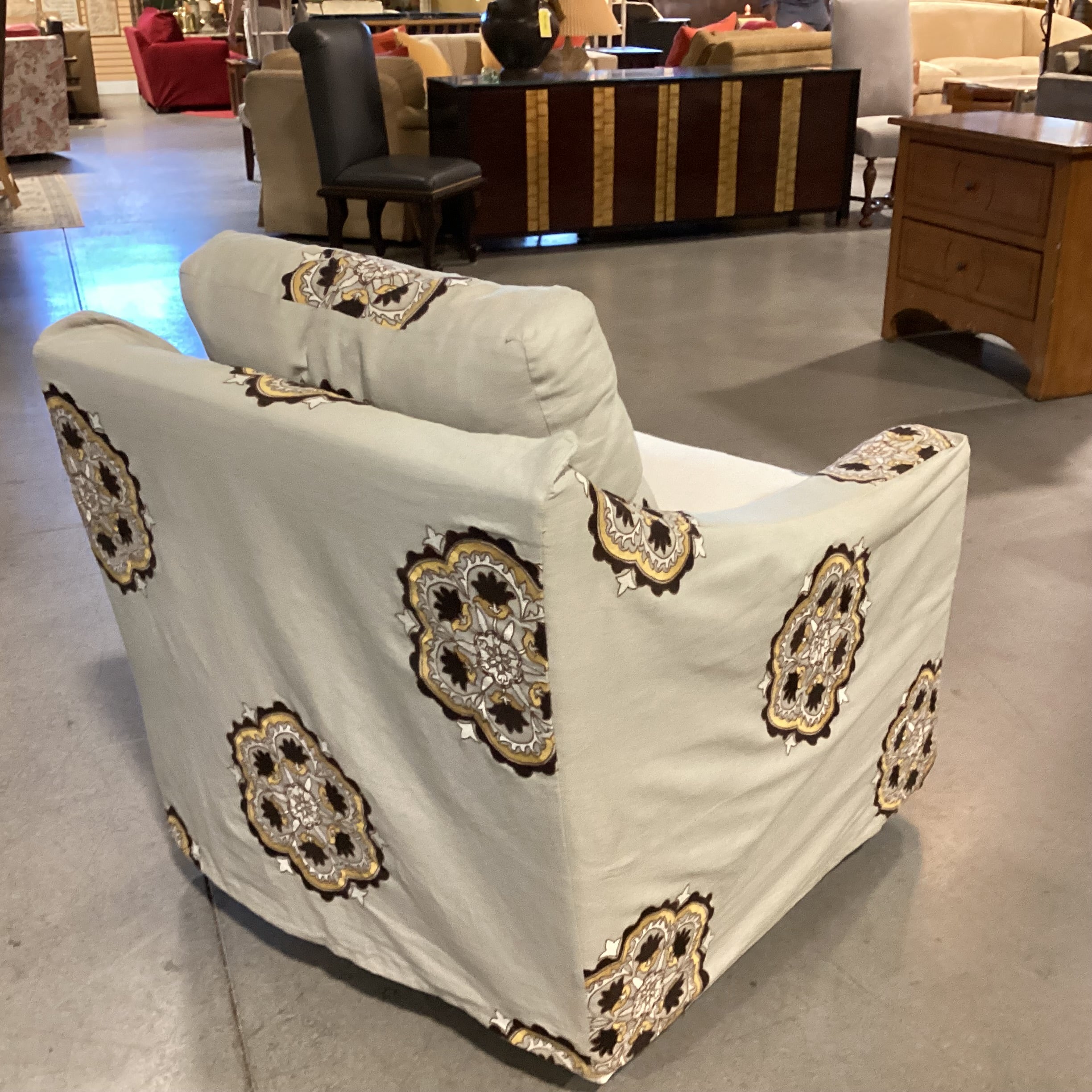 Grey with Brown Gold Medallion Slipcover Down MIx Swivel Chair 32"x 39"x 33"