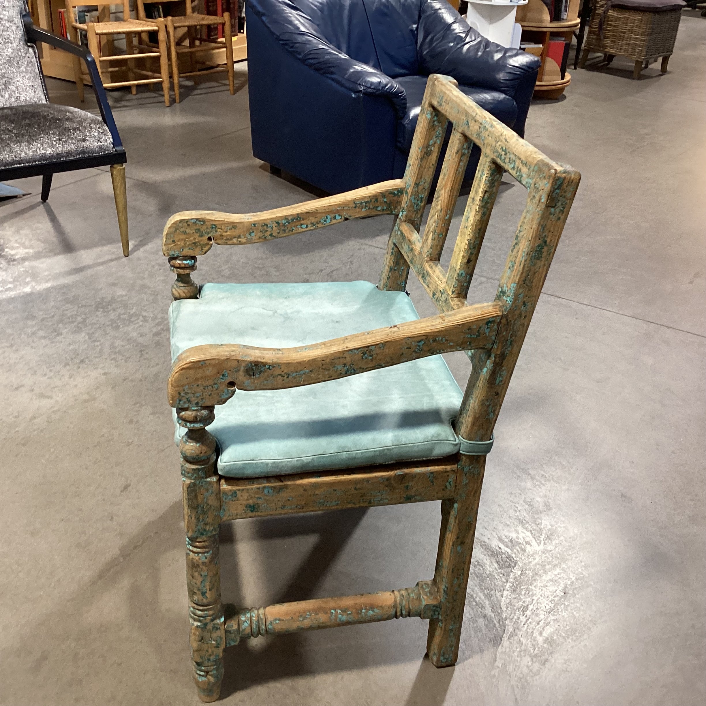 Santa Fe Style Carved Wood with Teal Distressing & Leather Cushion Chair 22.5"x 22"x 37"