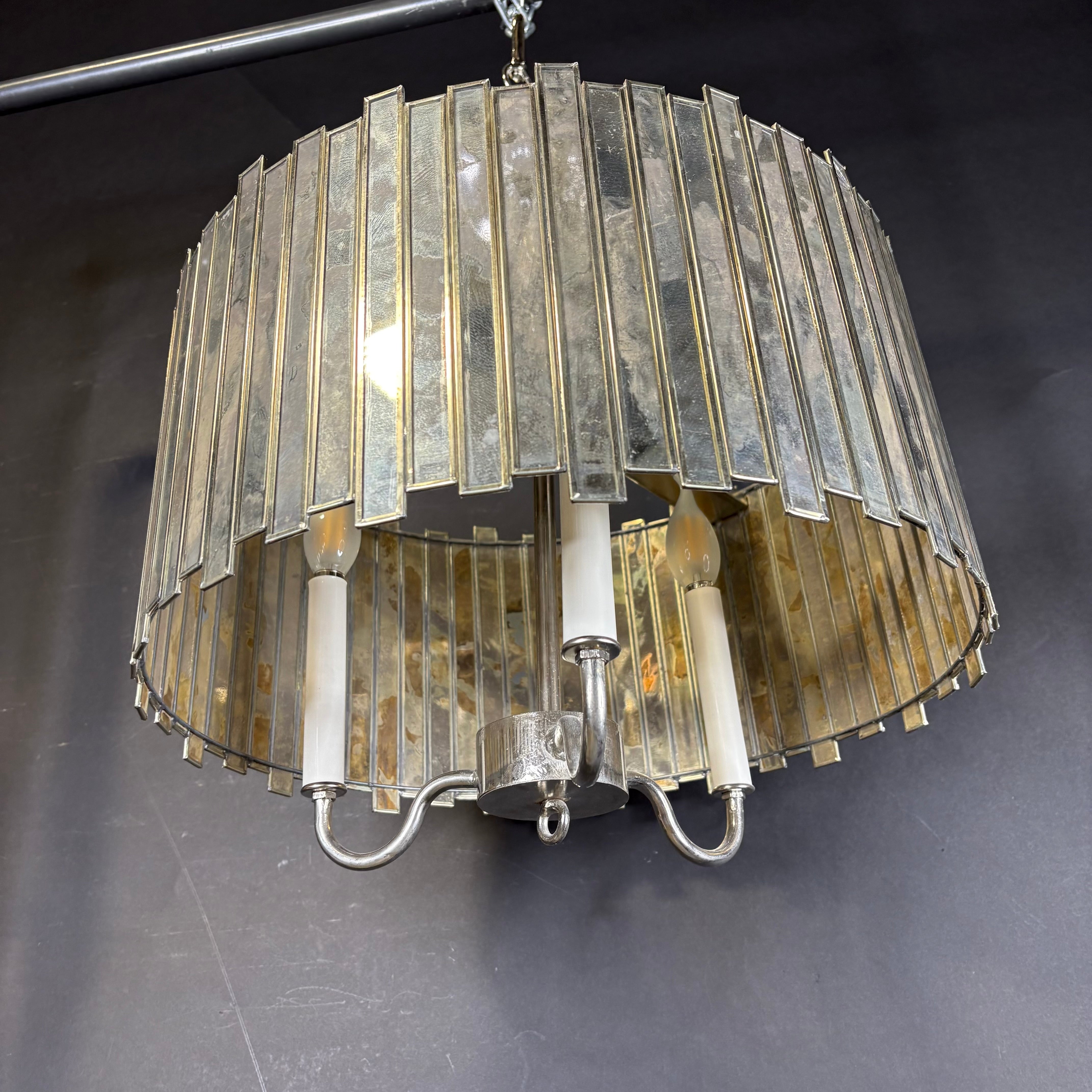 Worlds Away 3-Light Chrome and Antiqued Glass Chandelier 17” Diameter x 21.5”