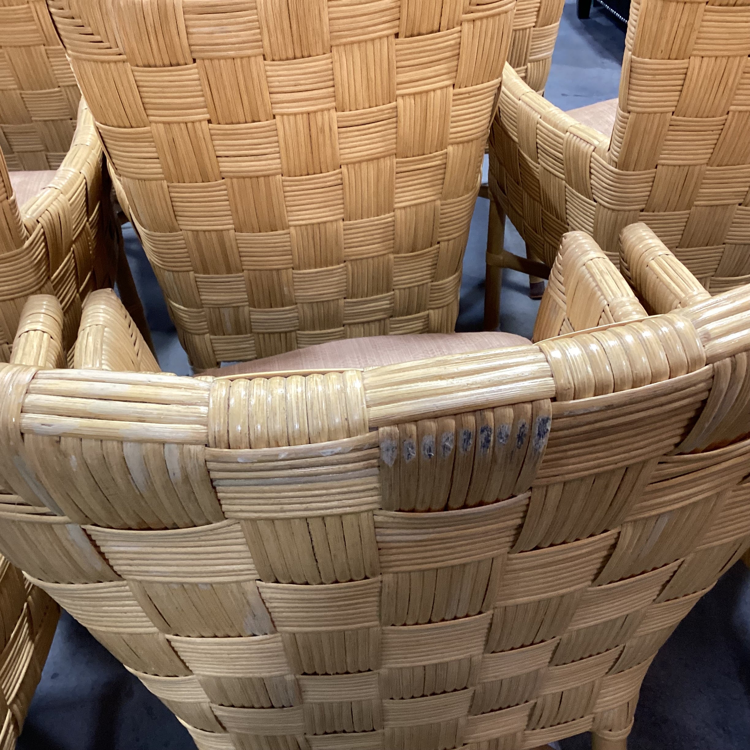 SET of 8 McGuire Style Square Basket Weave Rattan & Leather Strapping with Cushion Dining Chairs 24"x 26"x 36"