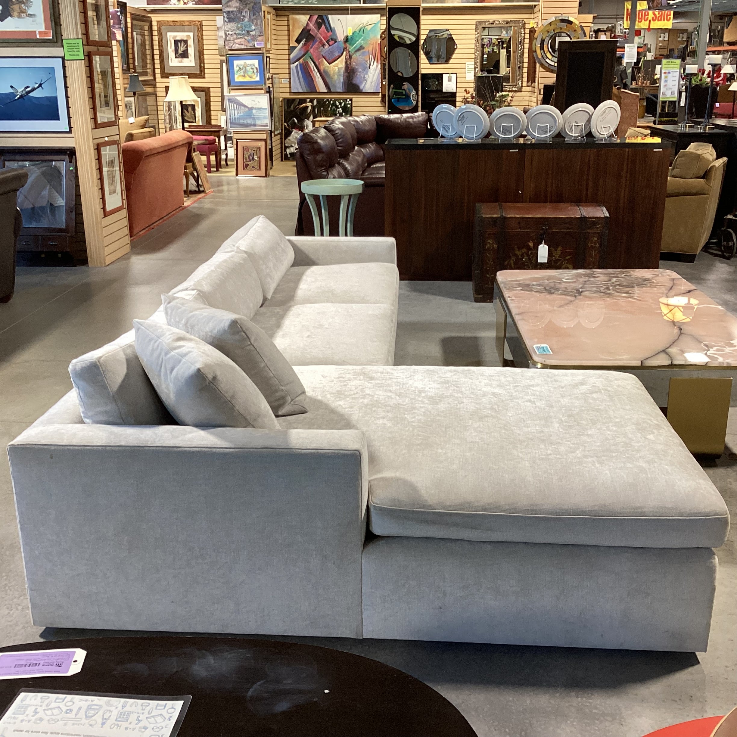 Henry Custom Upholstery Silver Dove Grey Velvet 2 Piece Modern Sectional 121"x 74"x 37"x 24"