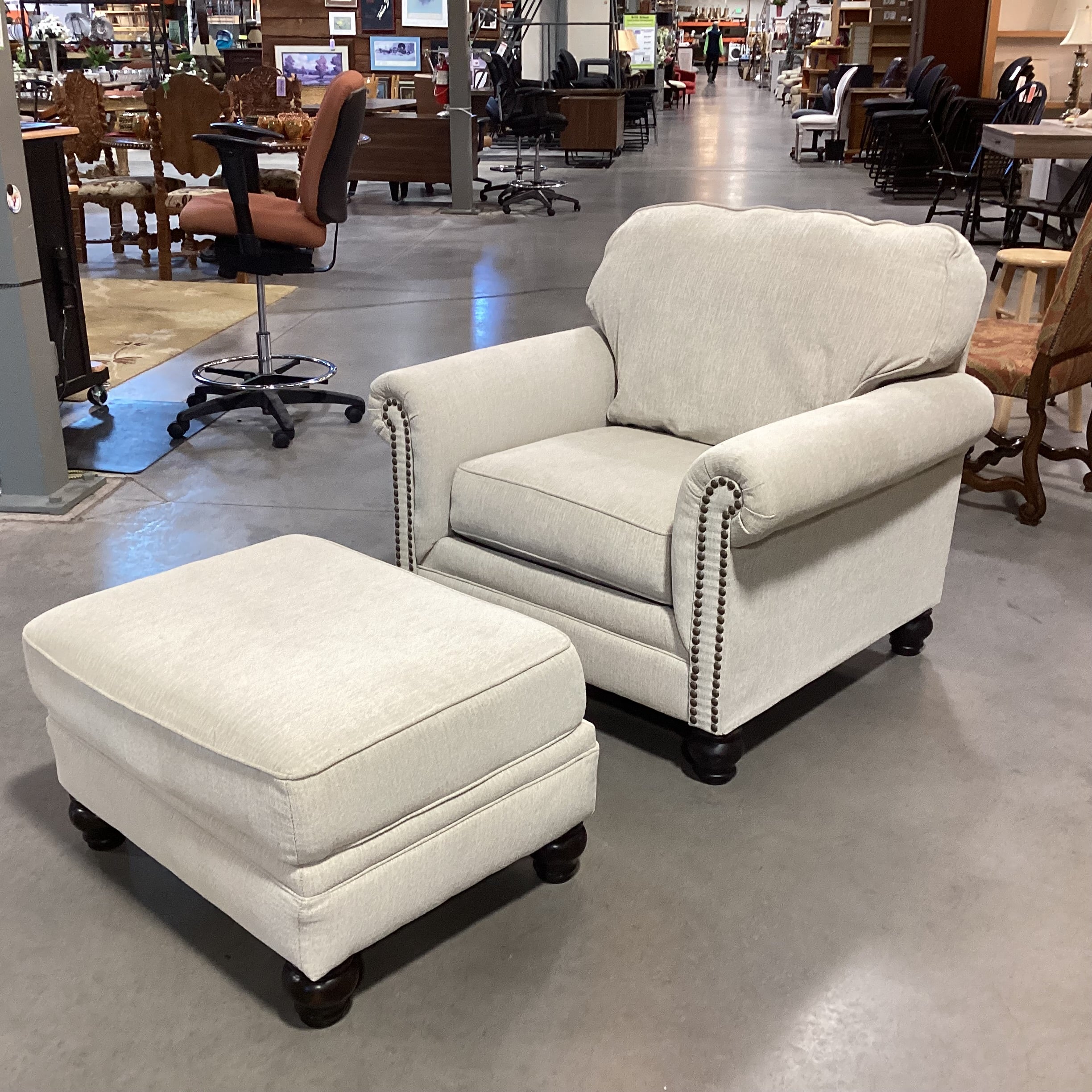 Ashley Furniture Cream Woven Nailhead with Ottoman Chair 41"x 38"x 38"