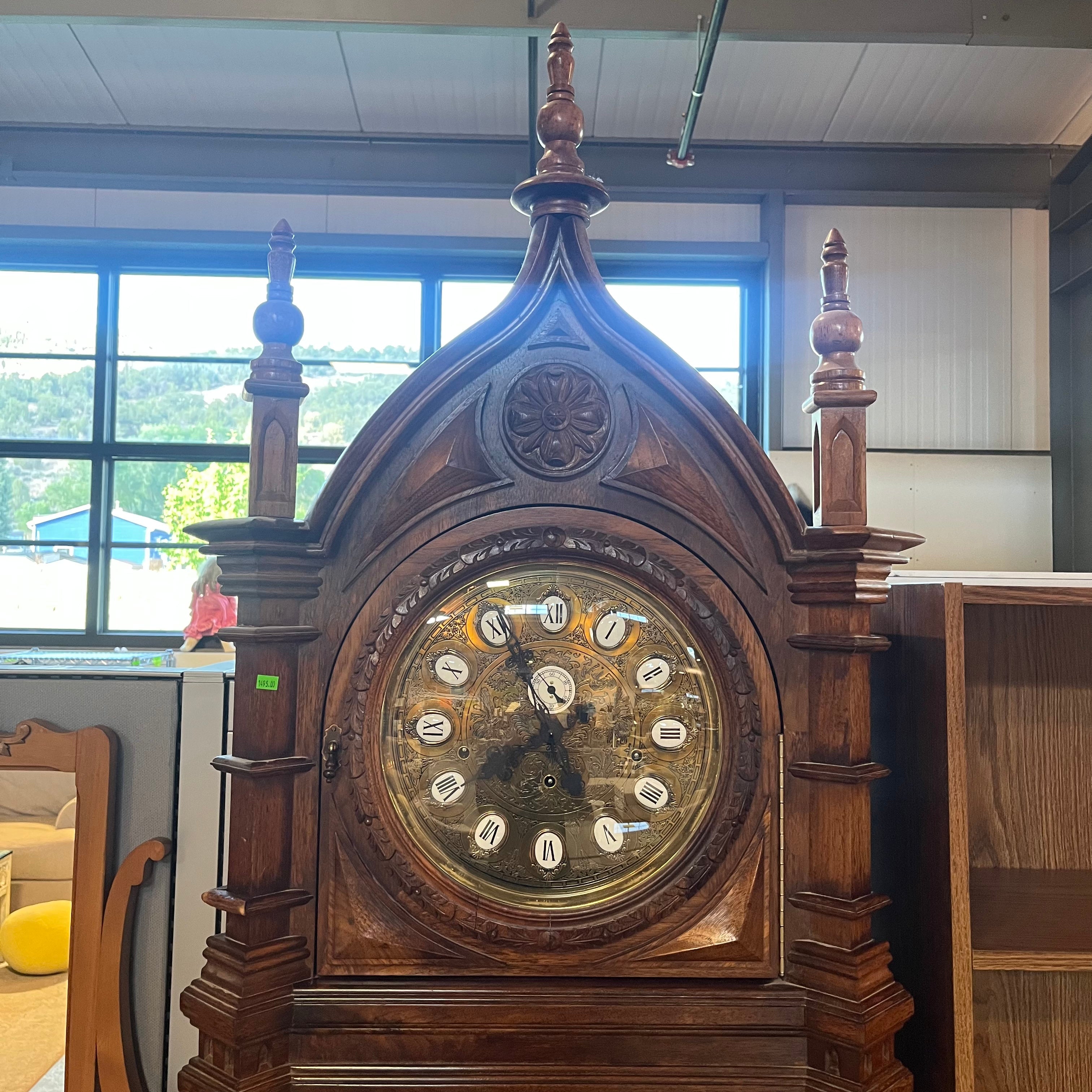 The Gazo Family Clock Factory Vintage Carved Dark Finish Oak Grand Father Clock