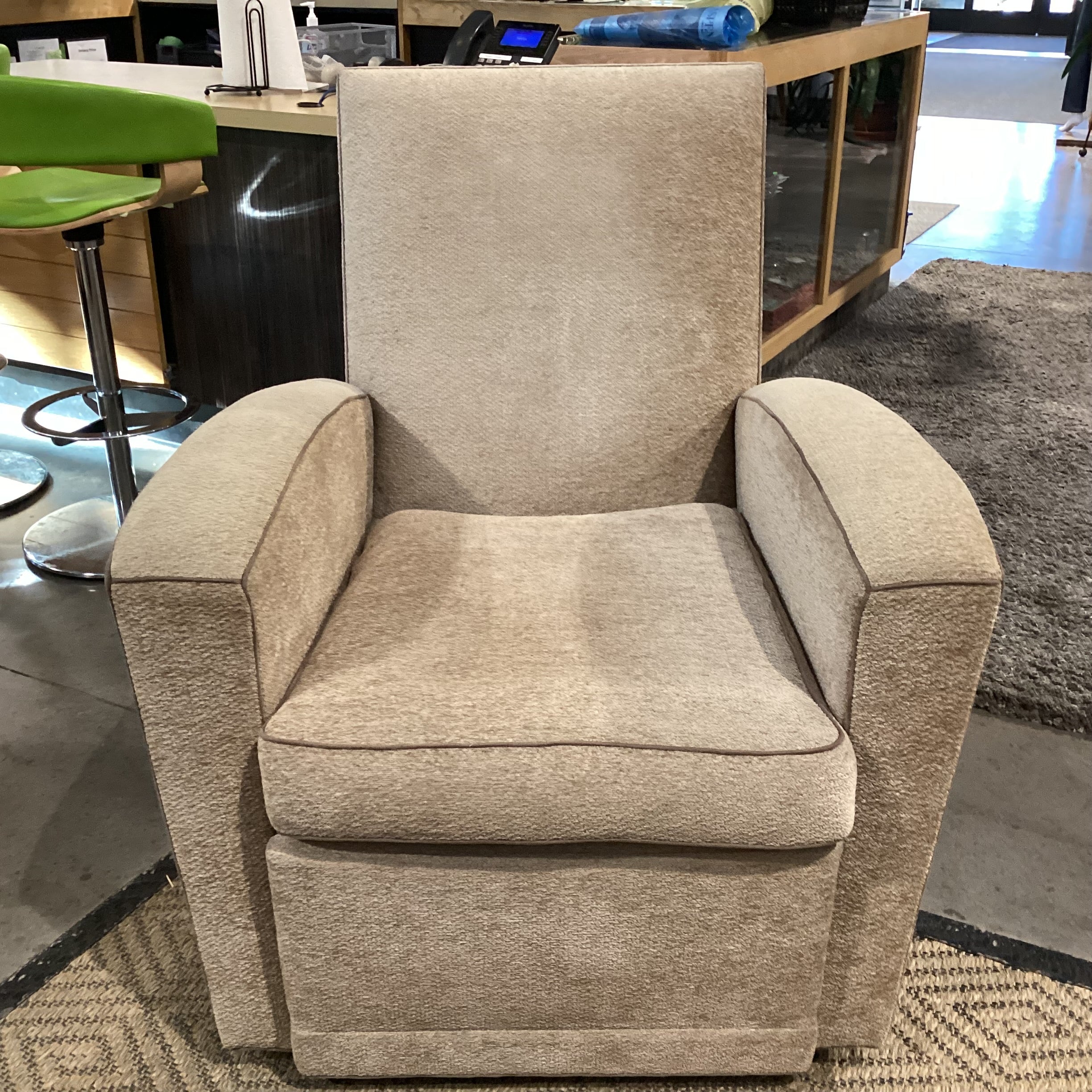 Beige Texture Woven Chenille with Taupe Piping Swivel Recliner Chair 35"x 40" to 66"x 41"