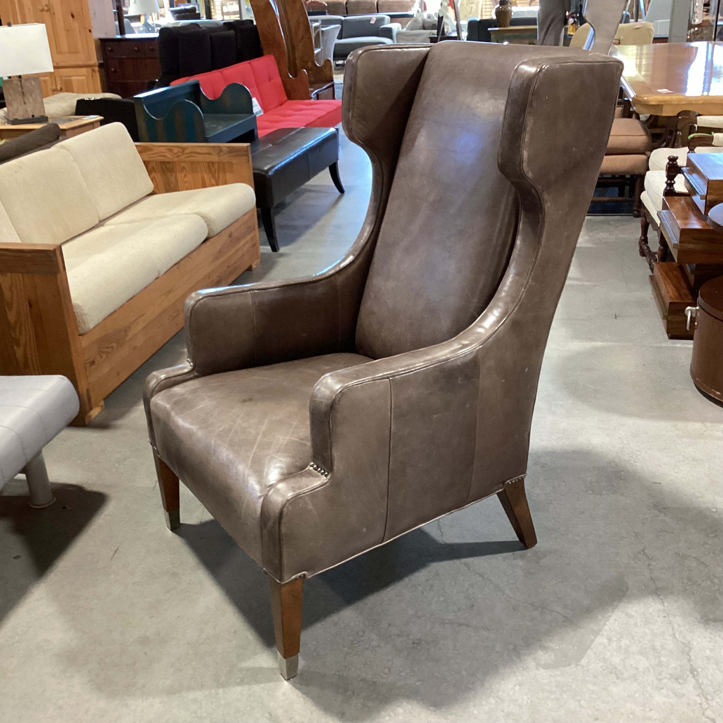 Thom Filicia Taupe Leather Nailhead Highback Wing & Slope Arm Chair 30"x 36"x 48"