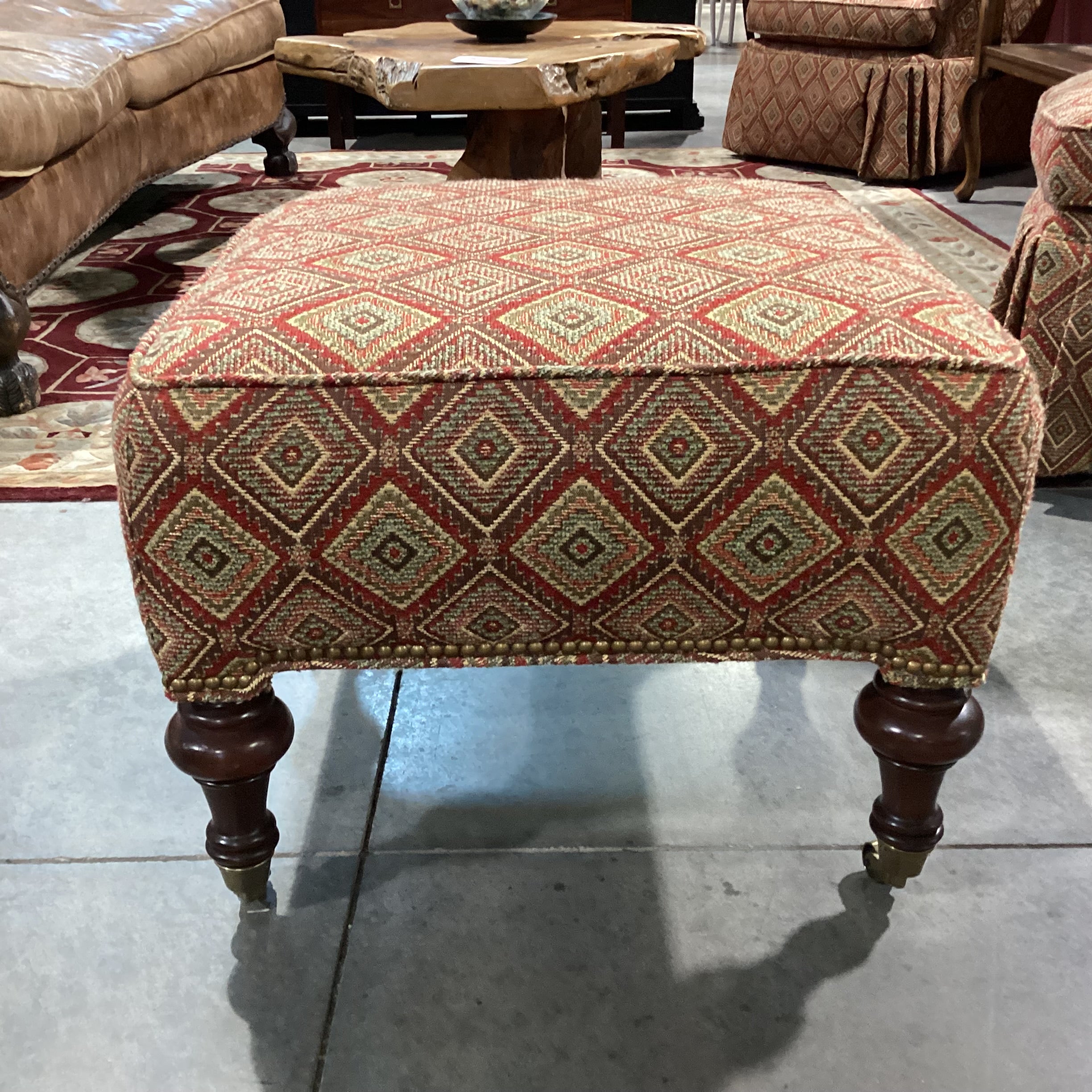 Dindy Foster Interiors Brown Gold Red Sage Woven Diamond Pattern & Carved Wood Brass Casters Ottoman  24"x 24"x 18"