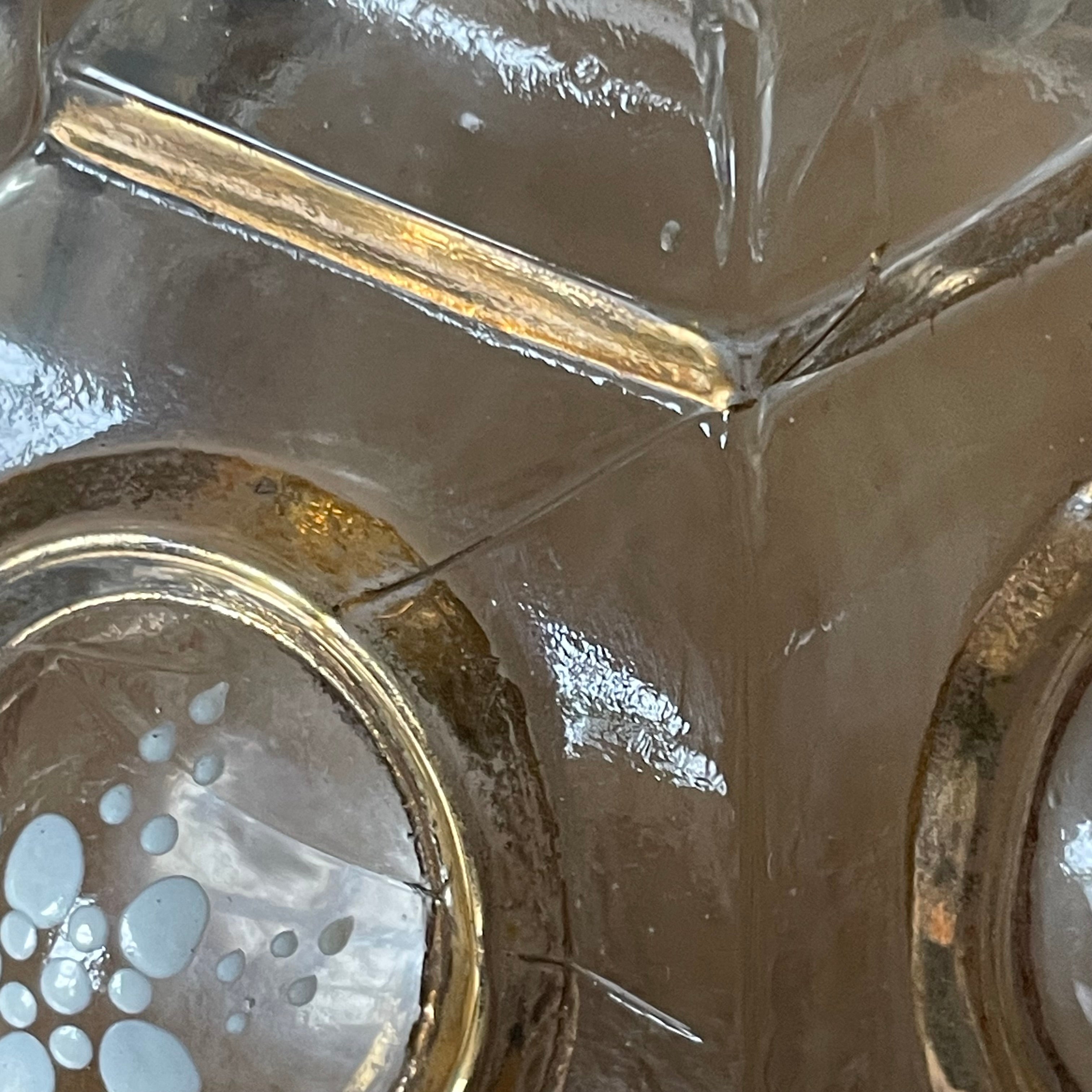 Antique 1850's Baccarat Style Gold Trim White Enamel Detail Pressed Glass Candelabras, Pair