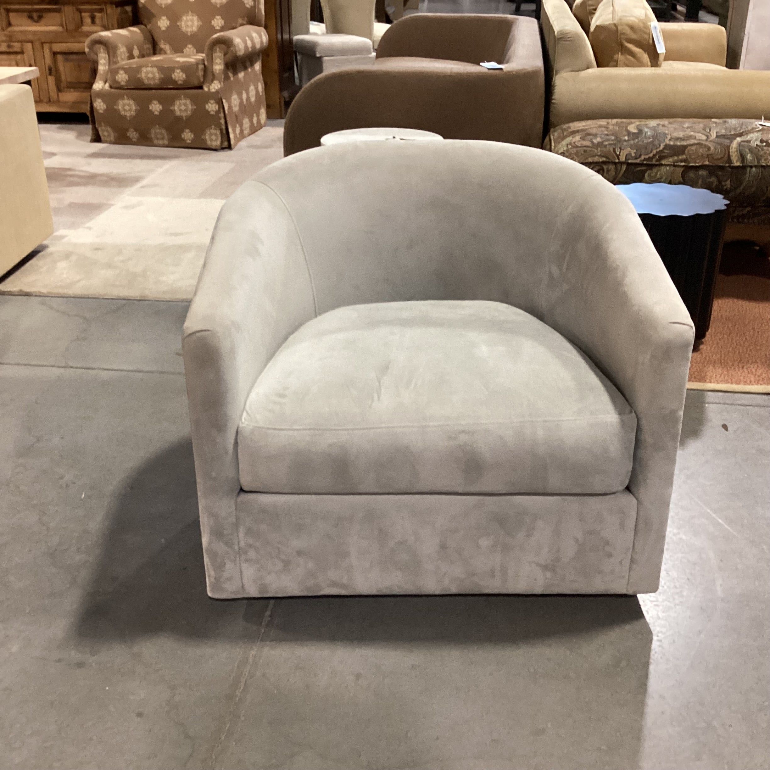 Custom Grey Velvet Swivel Barrel Chair 34"x 32"x 29"