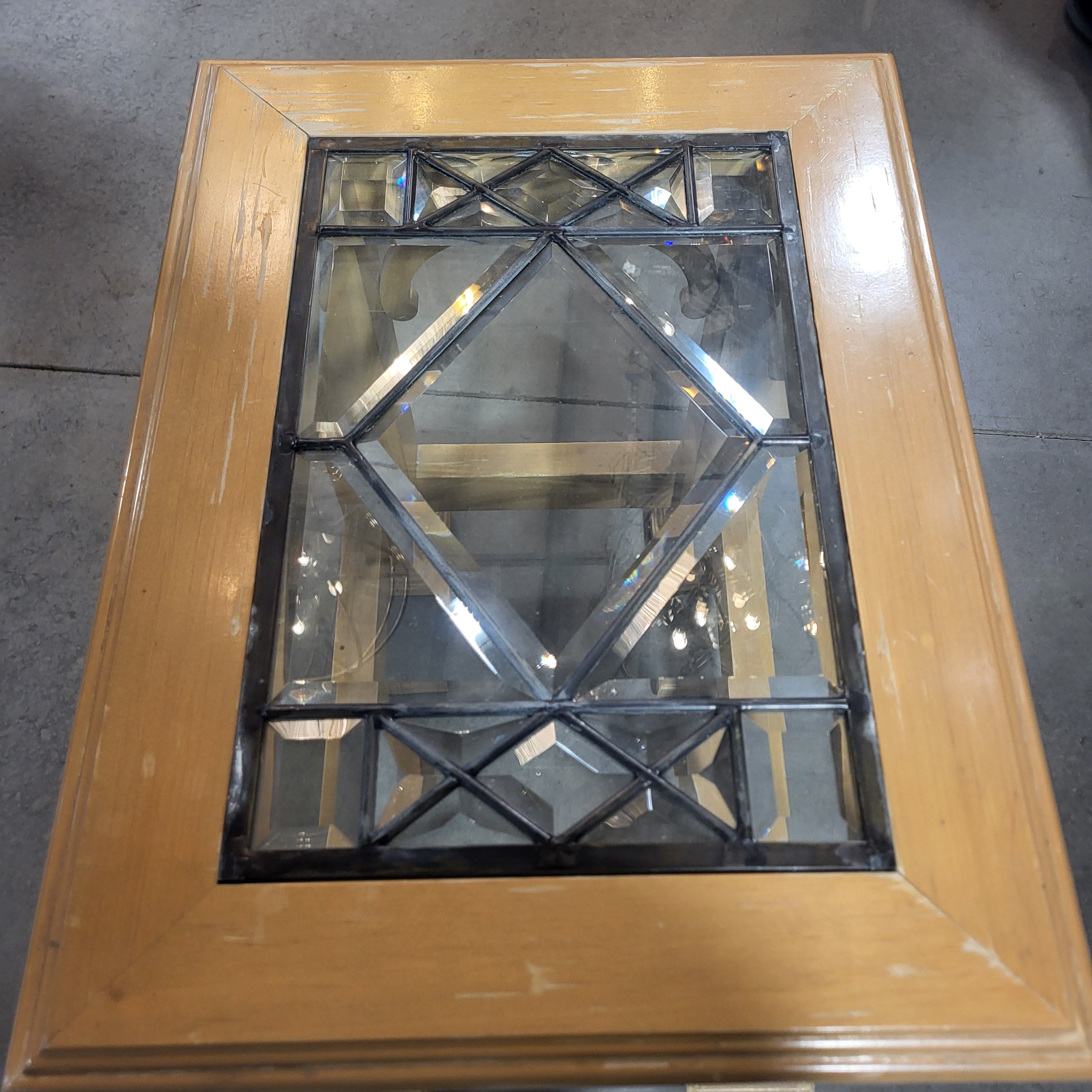 Light Wood with Leaded Glass Top End Table 24"x 18"x 24.5"