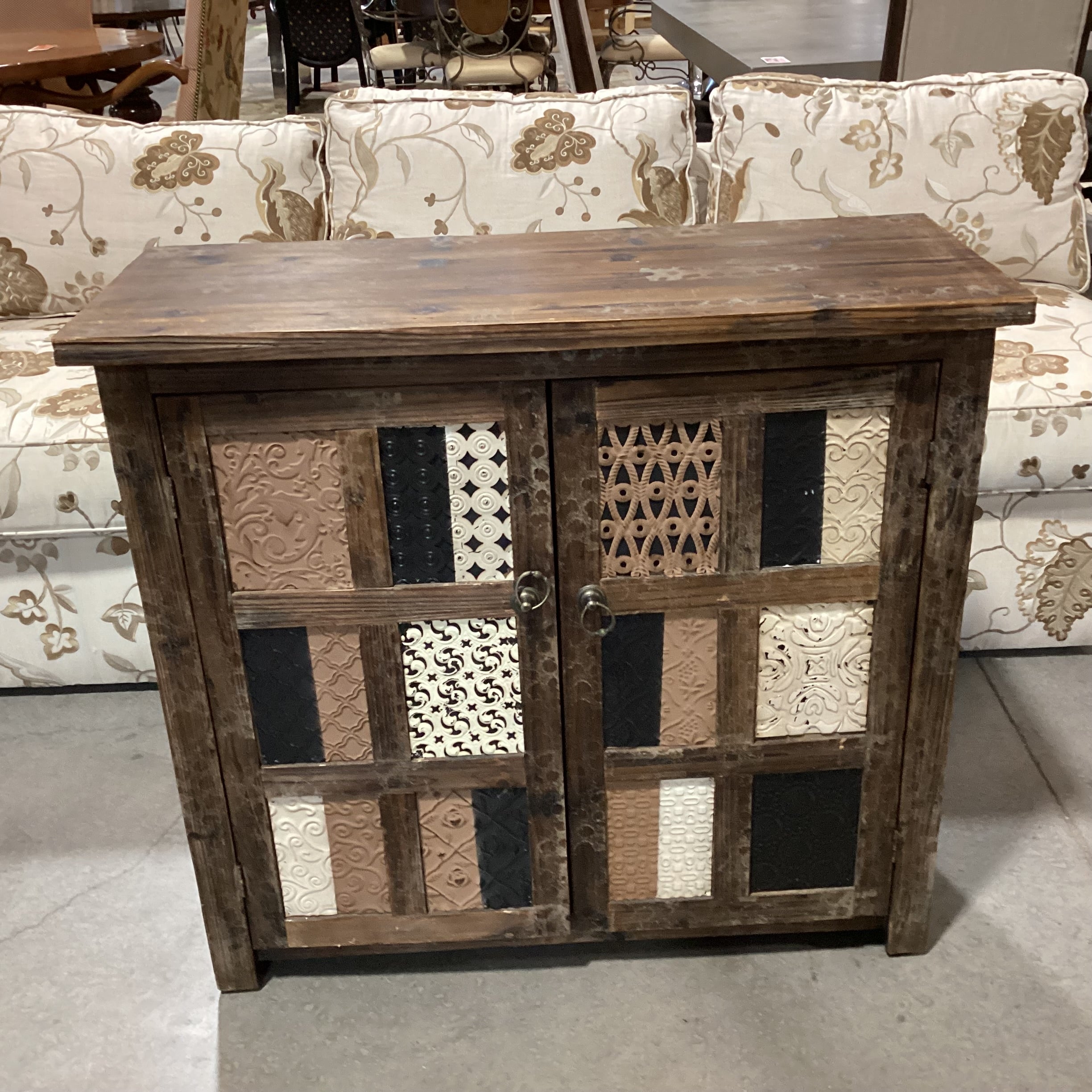 Rustic Distressed Wood & Tin Design Panes 2 Door Cabinet Console 36"x 15"x 32.5"