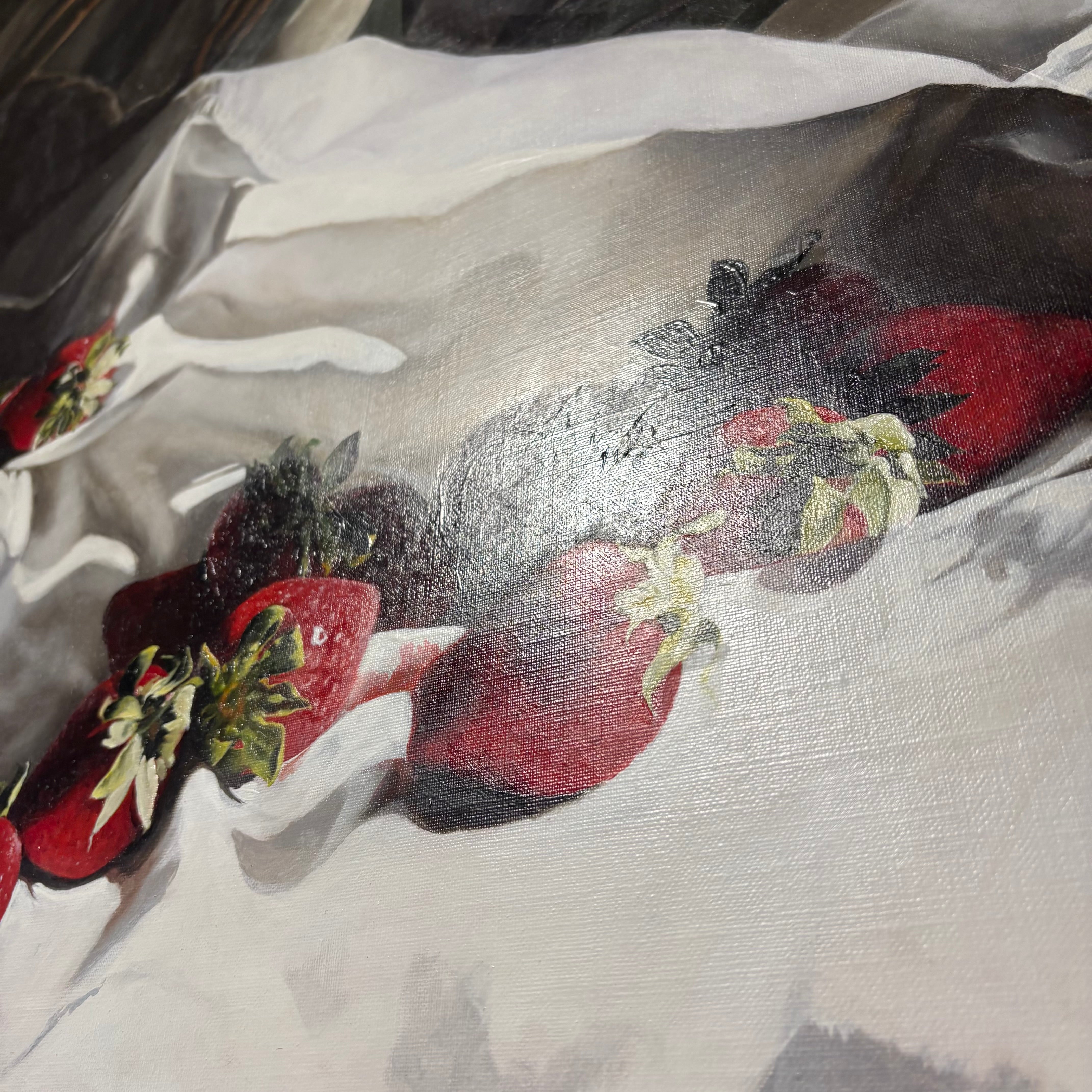 Cora Ogden Strawberries and Cream Original Oil on Canvas Signed Framed Wall Decor 42” x 48”