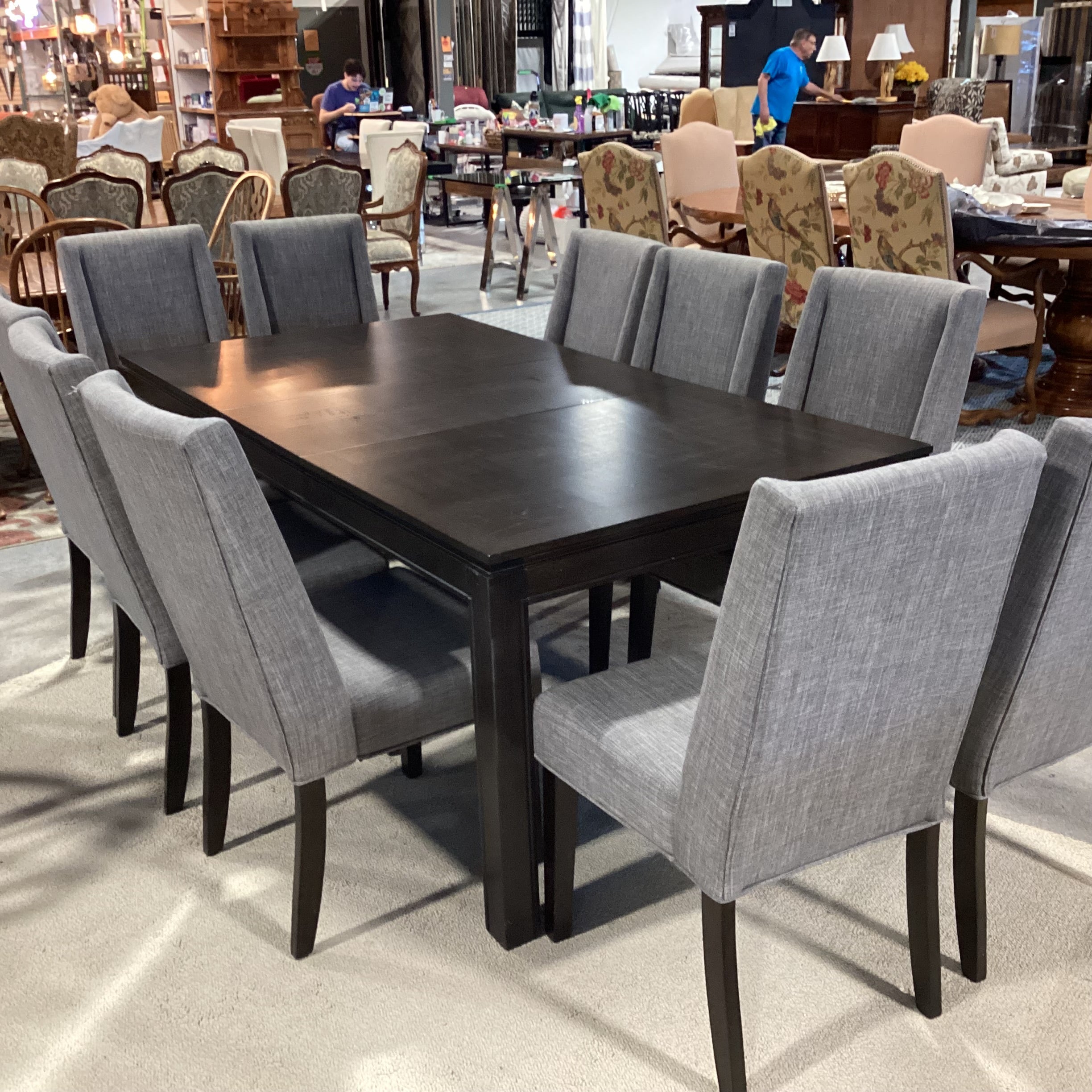 Dark Finish Wood & Veneer 1 Leaf Table & 10 Grey Woven Chairs Dining Set 78"x 42"x 30"