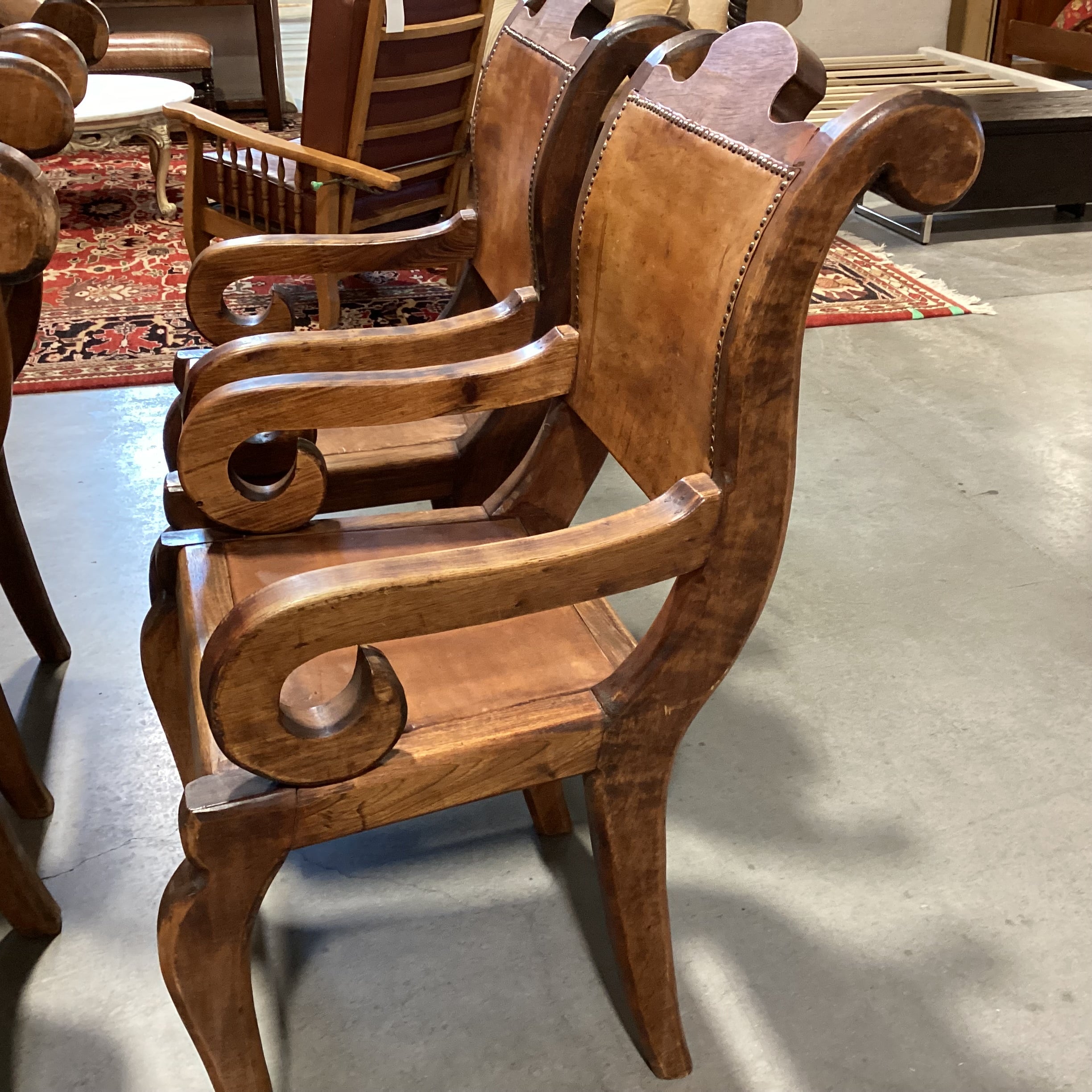 SET of 4 Rustic Distressed Carved Wood & Leather Nailhead Scroll Arm Dining Chairs 22"x 28"x 41"