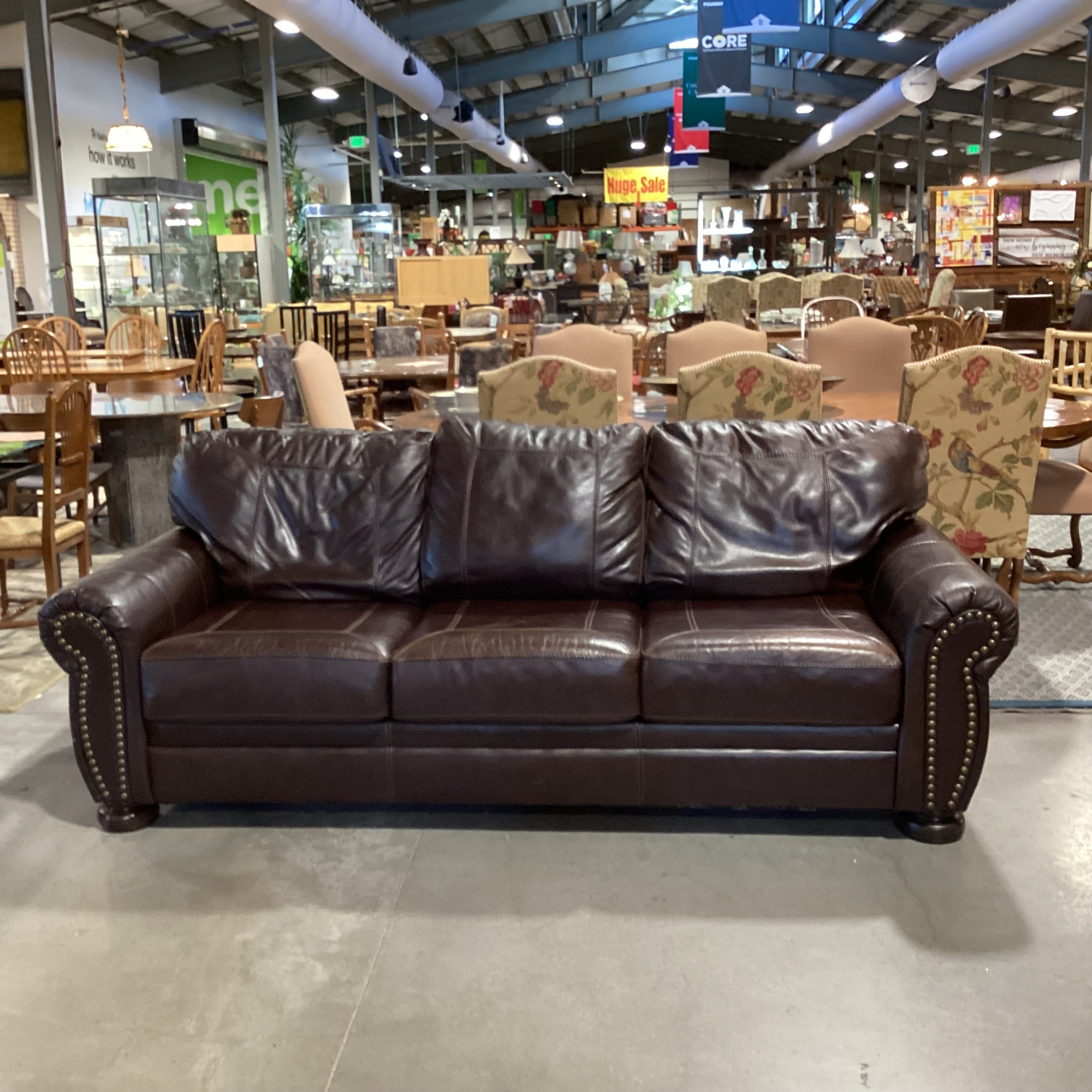 Ashley Furniture Dark Brown Leather Nailhead Roll Arm Sofa 99"x 41"x 38"
