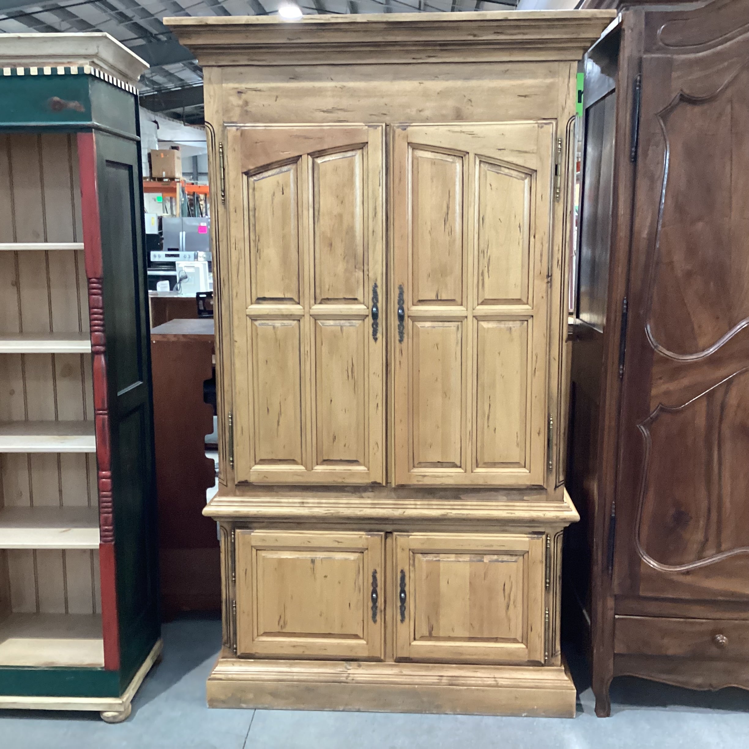 Antiqued Blonde Distressed Carved Wood 4 Door Armoire 55.5"x 29"x 93.5"