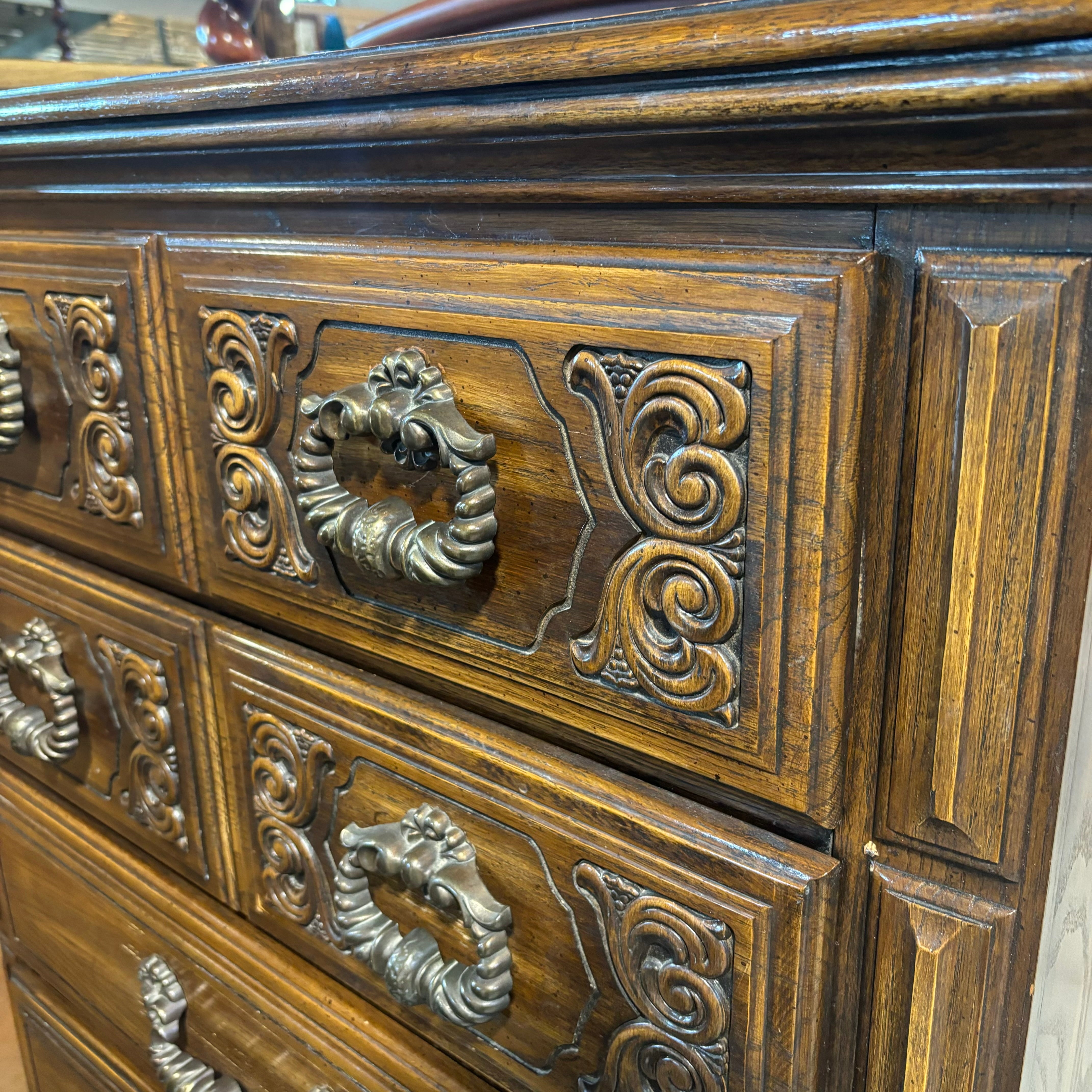 Ornate Carved Dark Finish Wood with Metal Handles 5 Drawer Dresser 36"x 18"x 47"