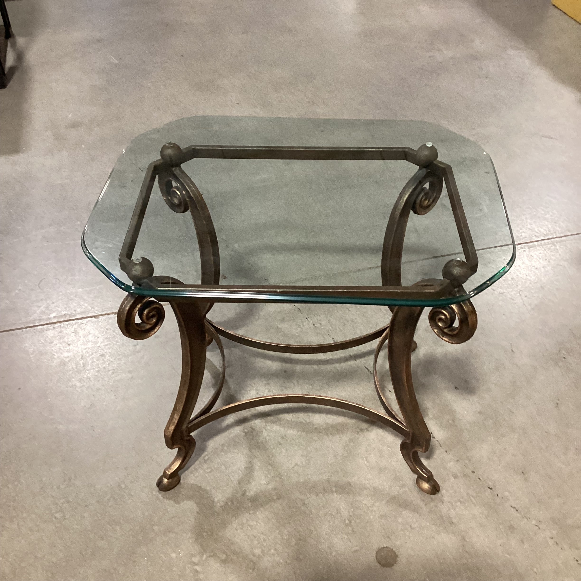 Ornate Iron with Gilded Finish and Glass Top End Table 28"x 22"x 24"