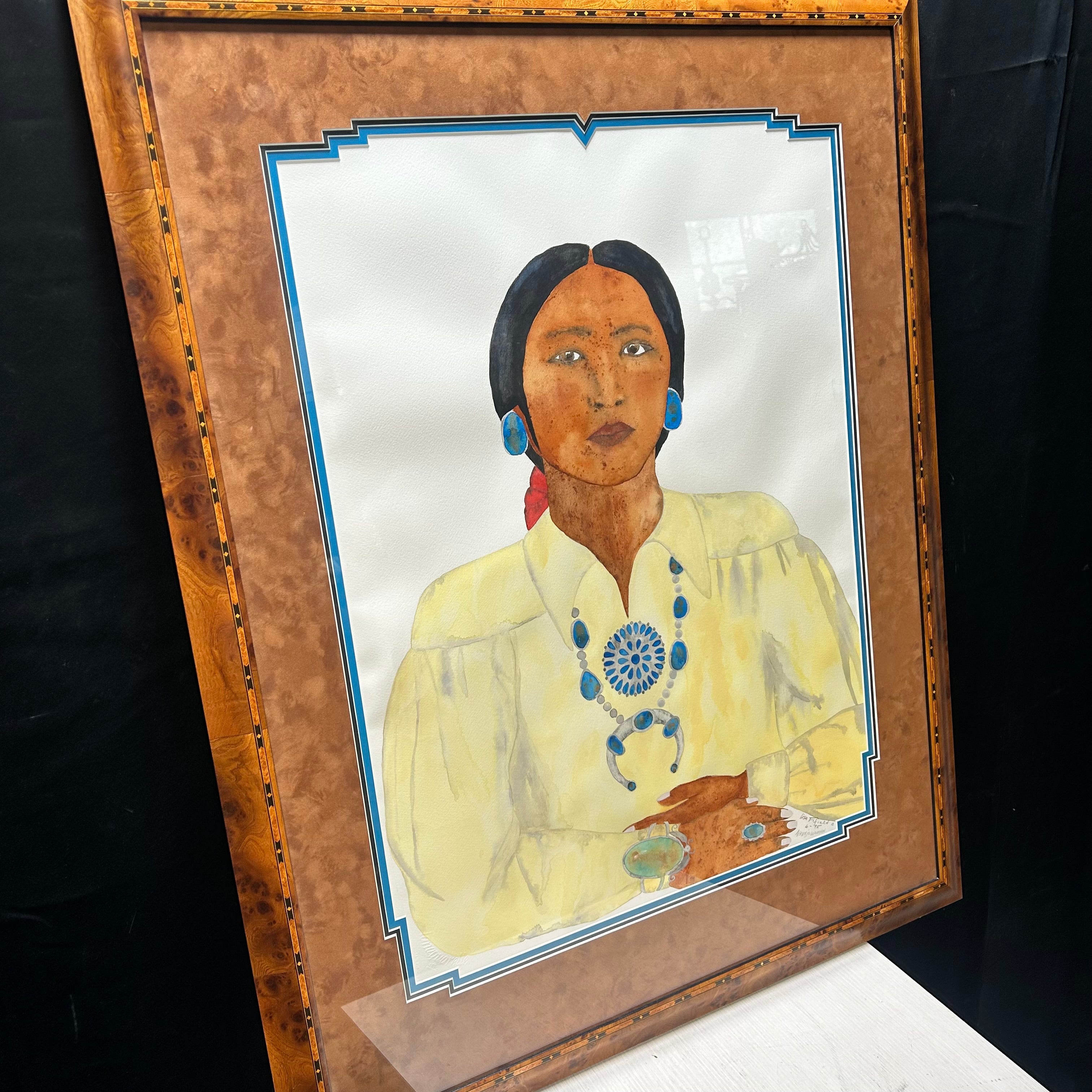 Lisa FiField 1995 Water Color "Navajo Woman" With Burl Wood Frame  32"x 39"