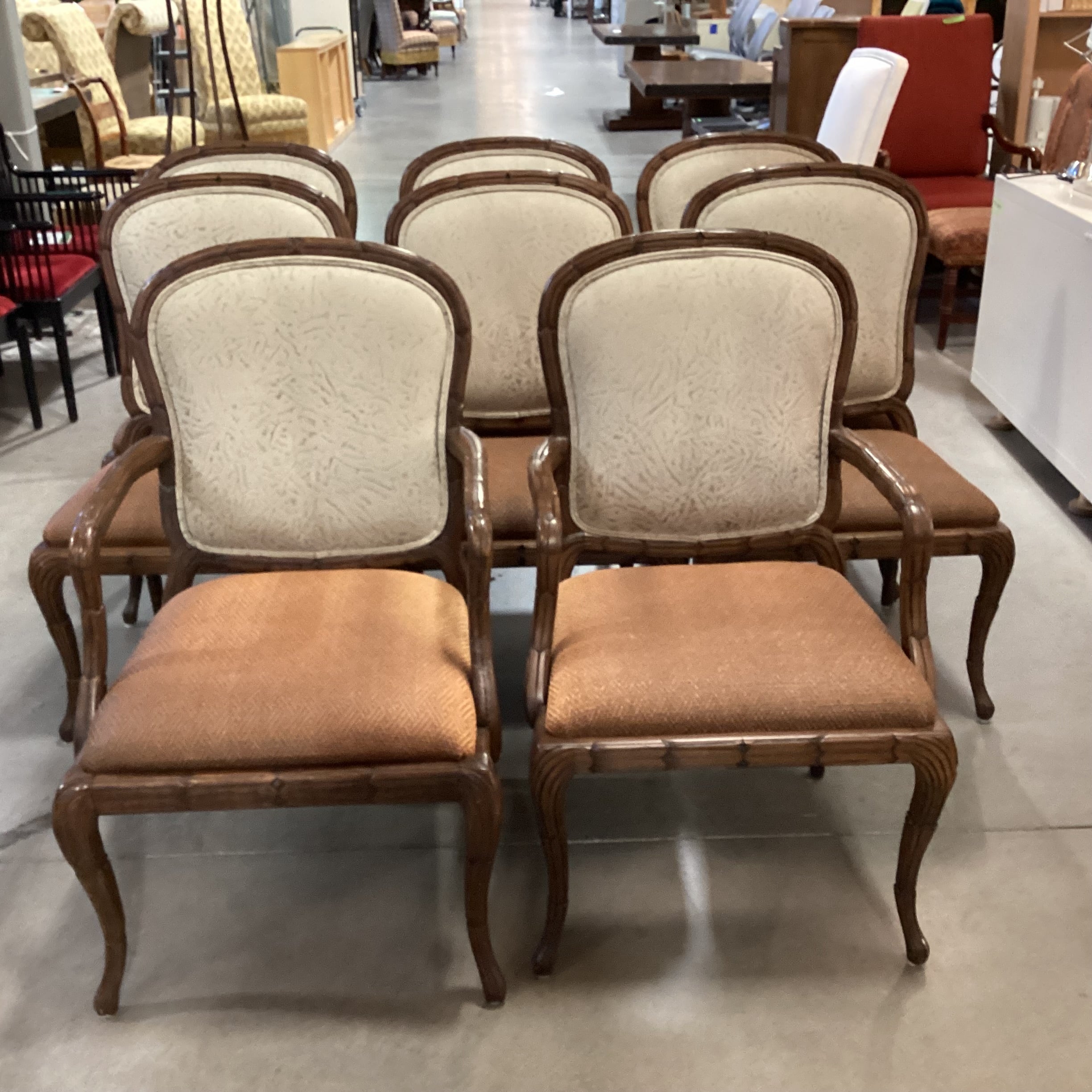 SET of 8 Ornate Carved Wood with Leather  Woven Seat & Suede Back Dining Chairs 24"x 22"x 40"