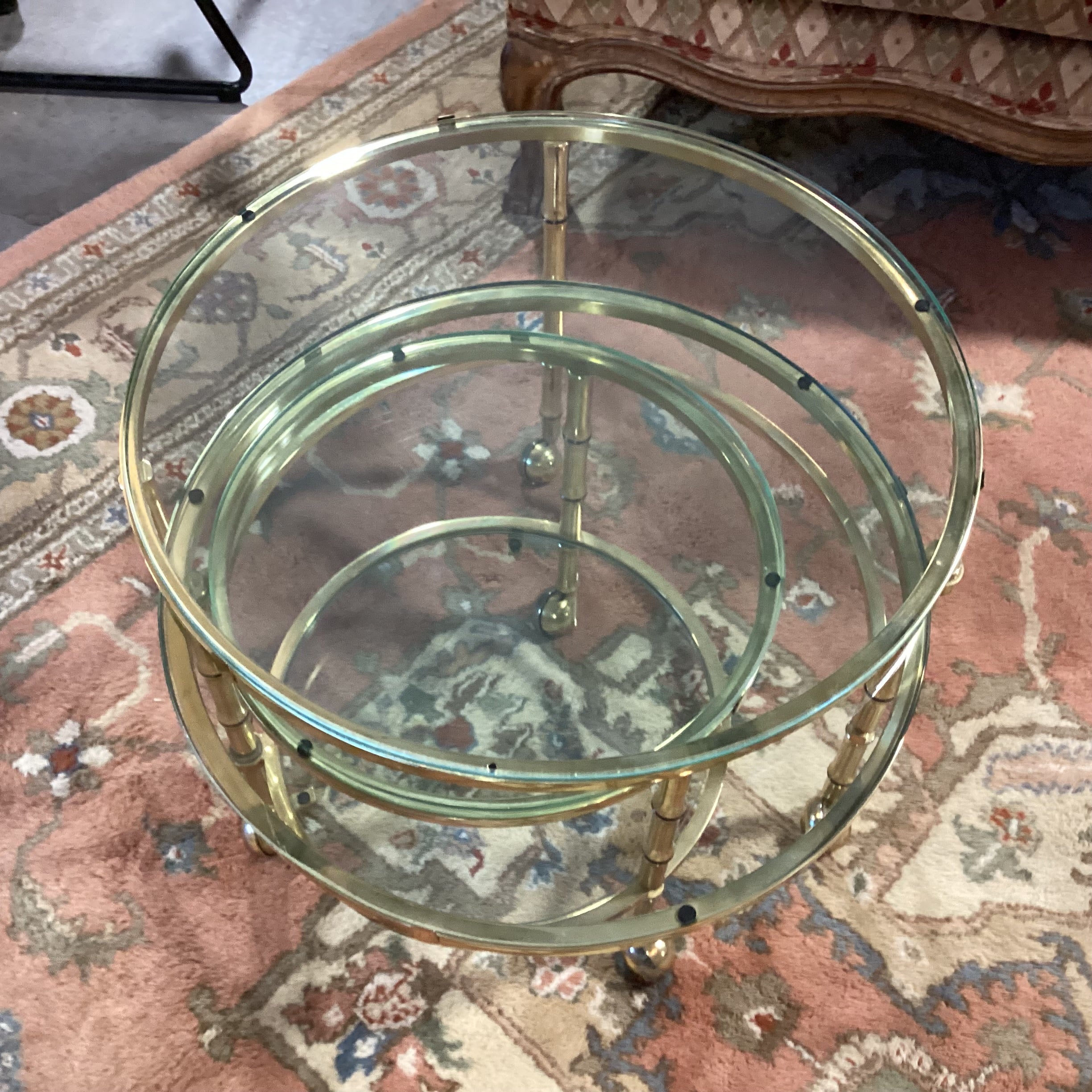 Vintage Mid Century Brass Bamboo Style & Glass Rounds on Casters Fold in Expandable Coffee Table 25" to 56"x 22"x 18"
