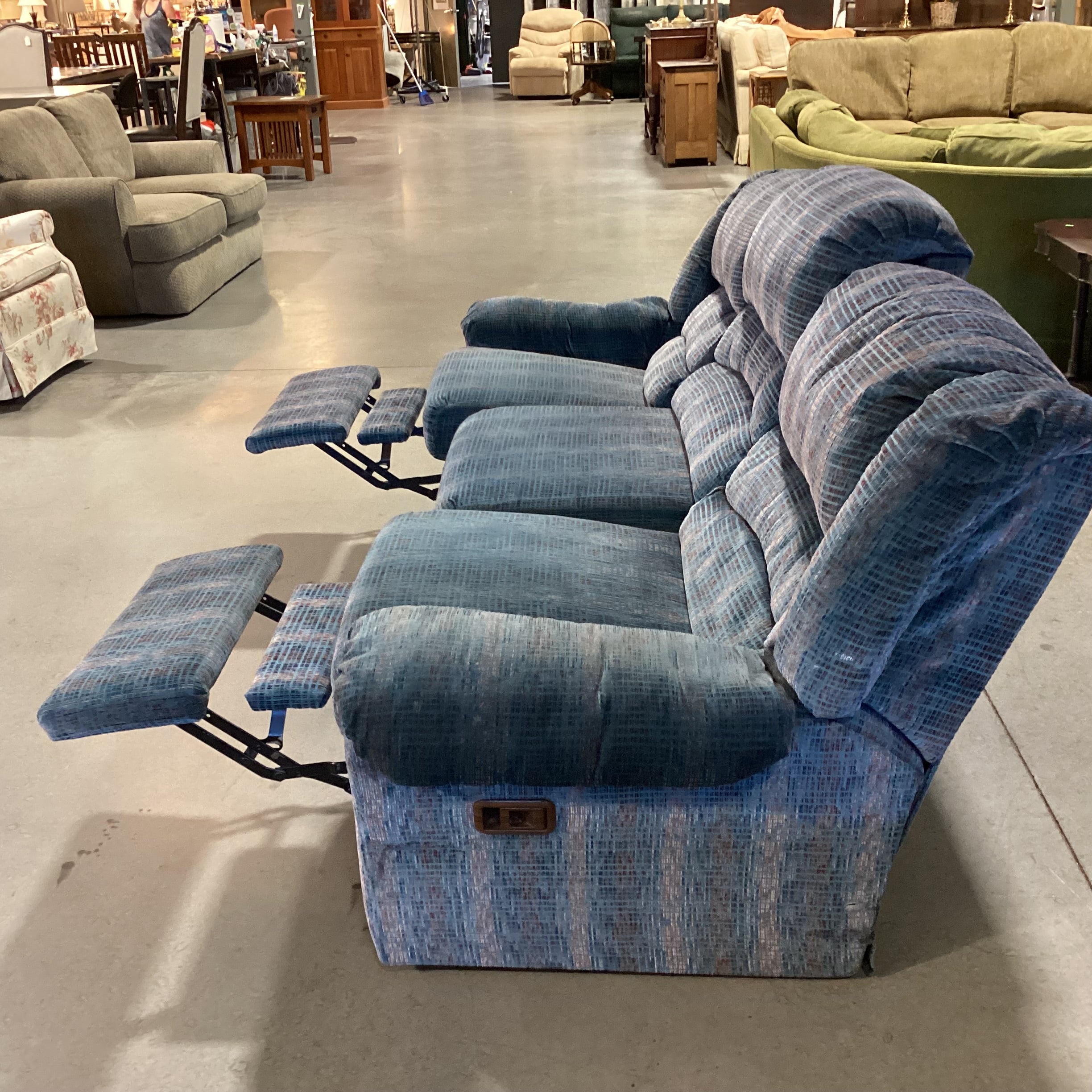 Action Industries Teal Blue with Light Red Grid Woven Double Recliner Sofa 96"x 38"x 37"