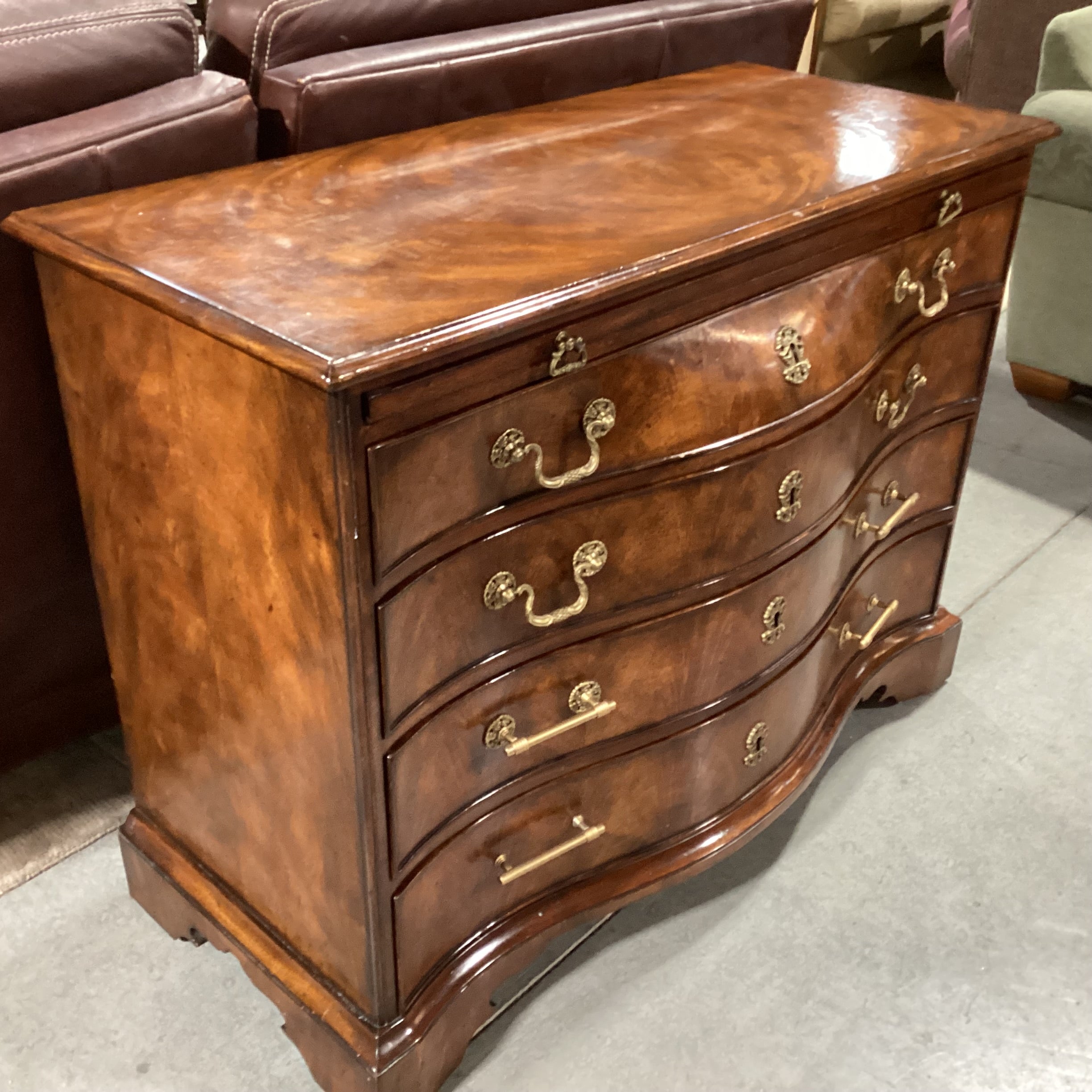 Theodore Alexander Flamed Mahogany Veneer & Carved Wood Ornate Brass Accent with Leather Top Pullout 4 Drawer Chest 42.5"x 18.5"x 32"