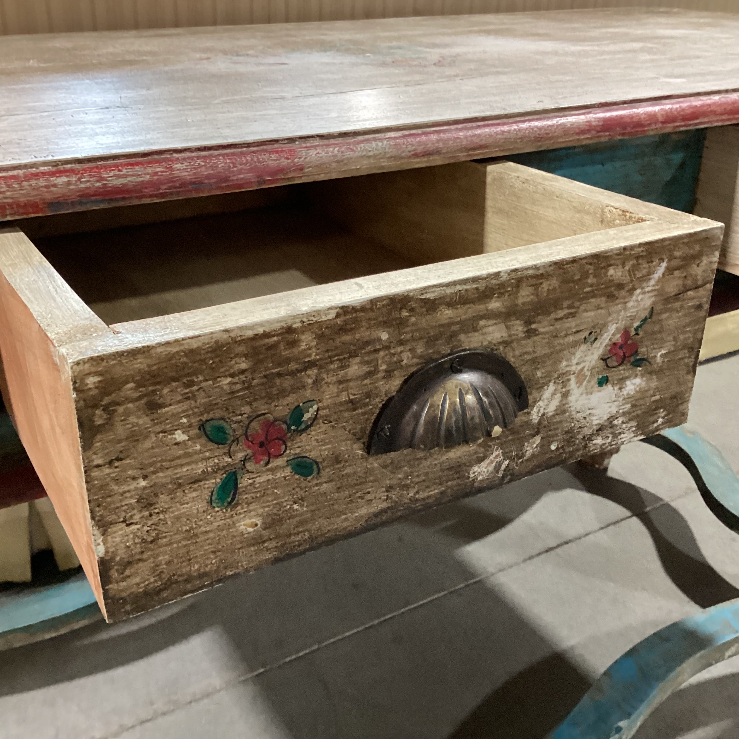 Antiqued Finish Hand Painted Blue & Red Floral Carved Wood 2 Drawer Accent Table 58.5"x 28.5"x 32"