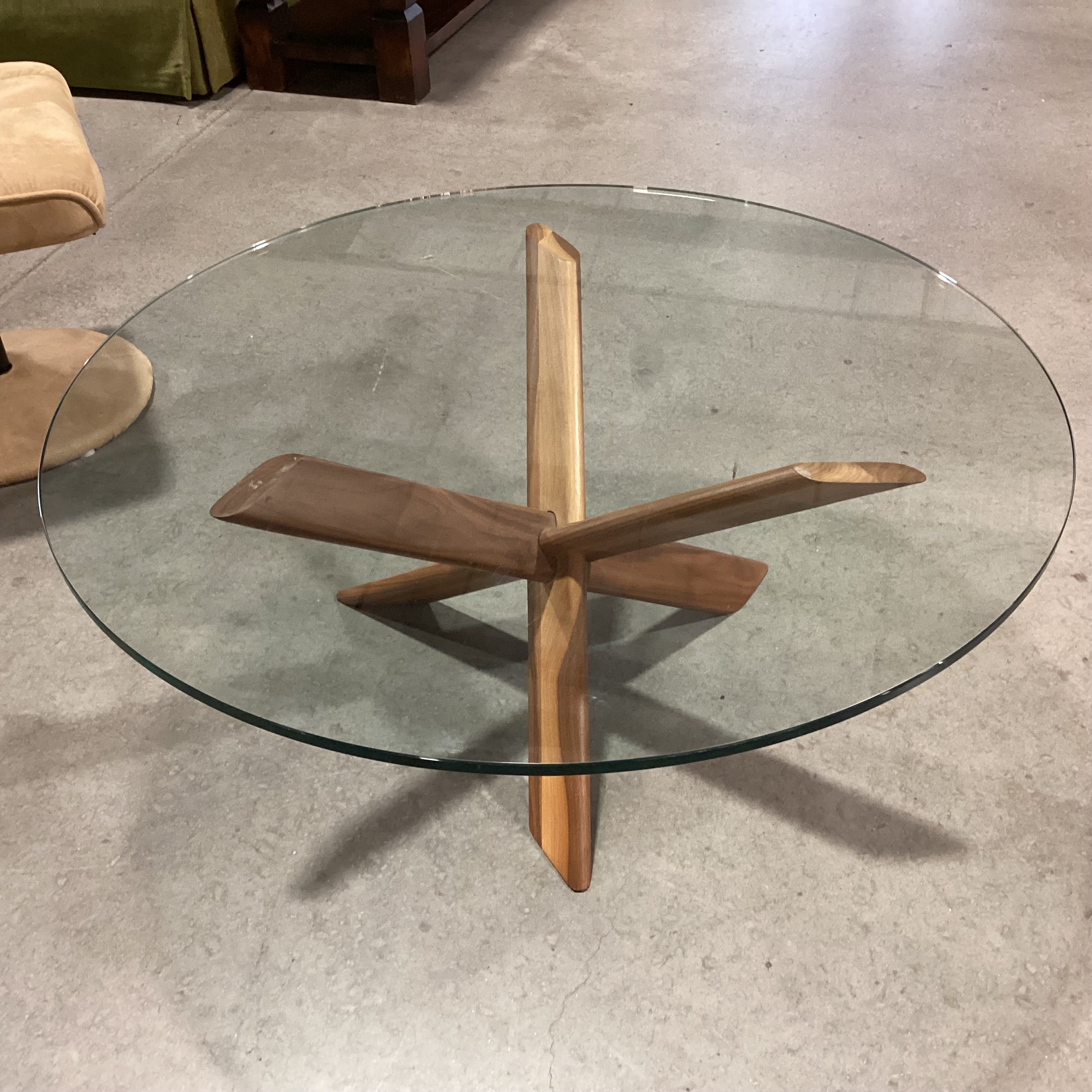 Mid Century Modern Style Walnut with Round Glass Coffee Table 36" Diameter x 15"