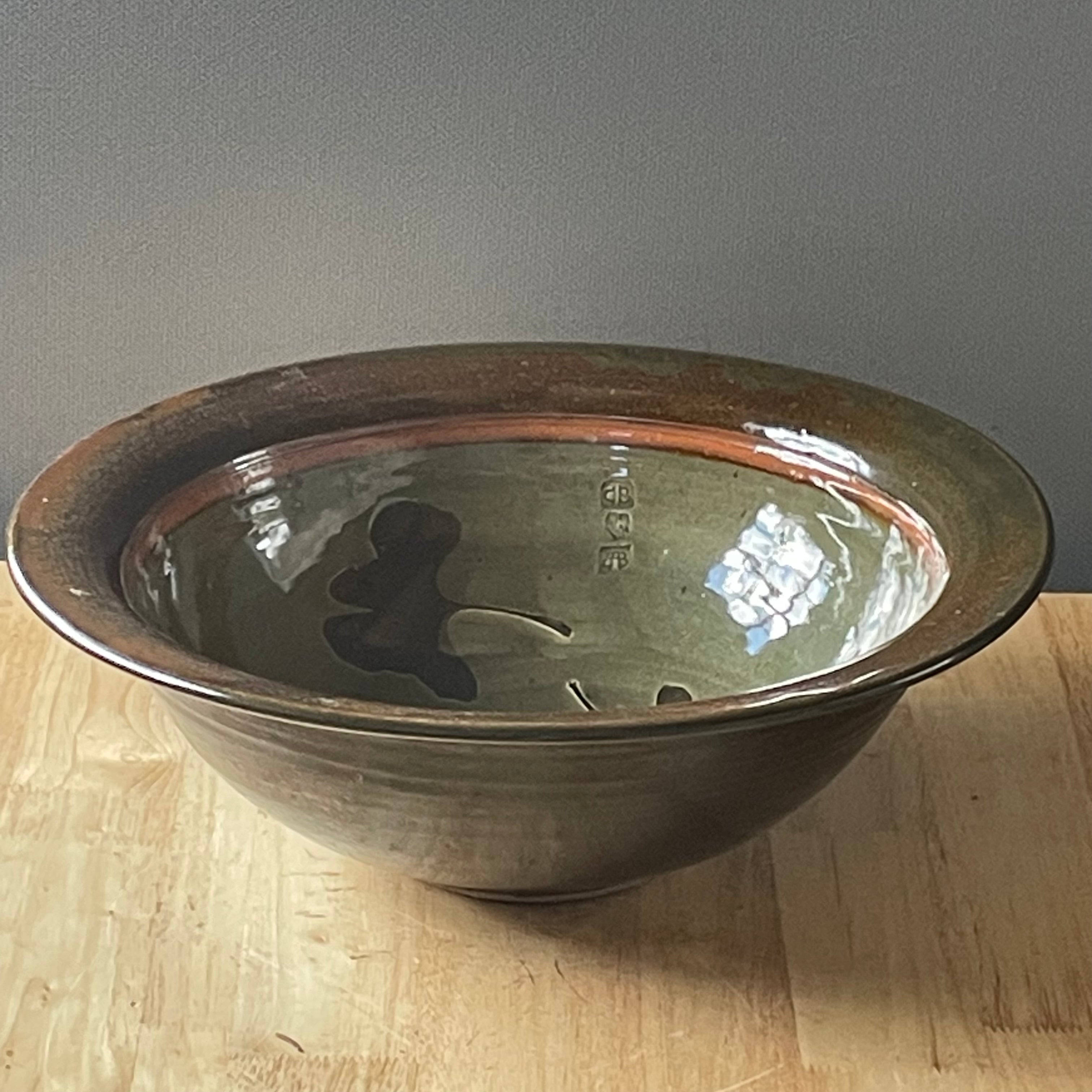 Vintage David Blaisdell Signed Large Green, Brown, Orange Glazed Bowl, 15"x 5"
